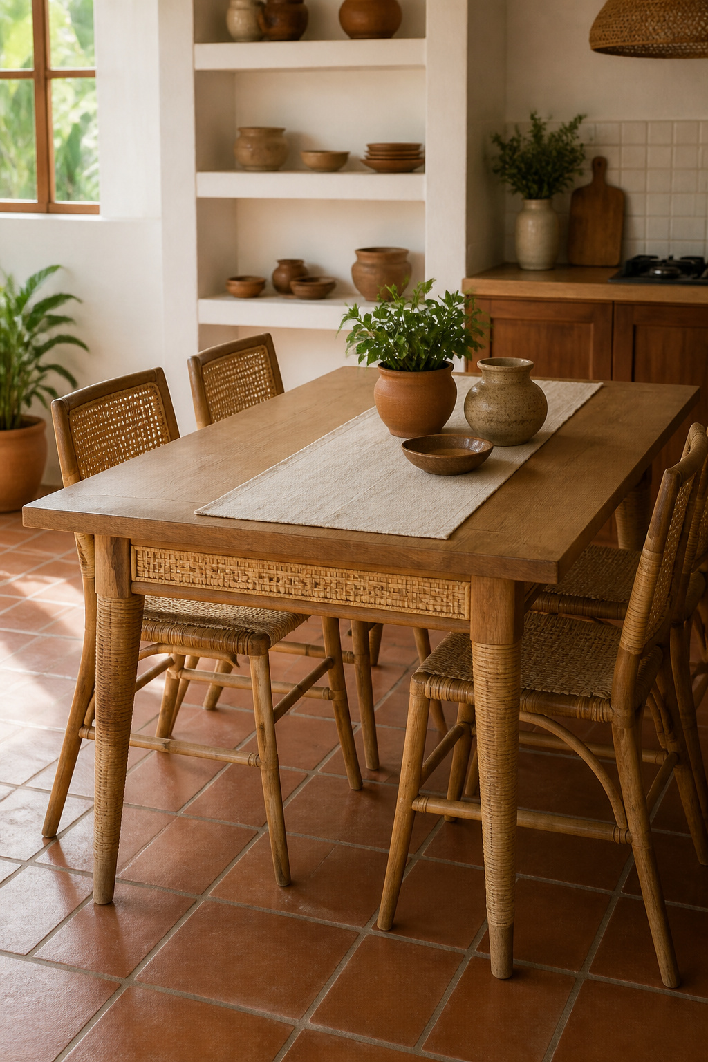Rattan-wrapped legs and cane apron panels bring genuine sustainable craft to a kitchen dining table that belongs in any decade.