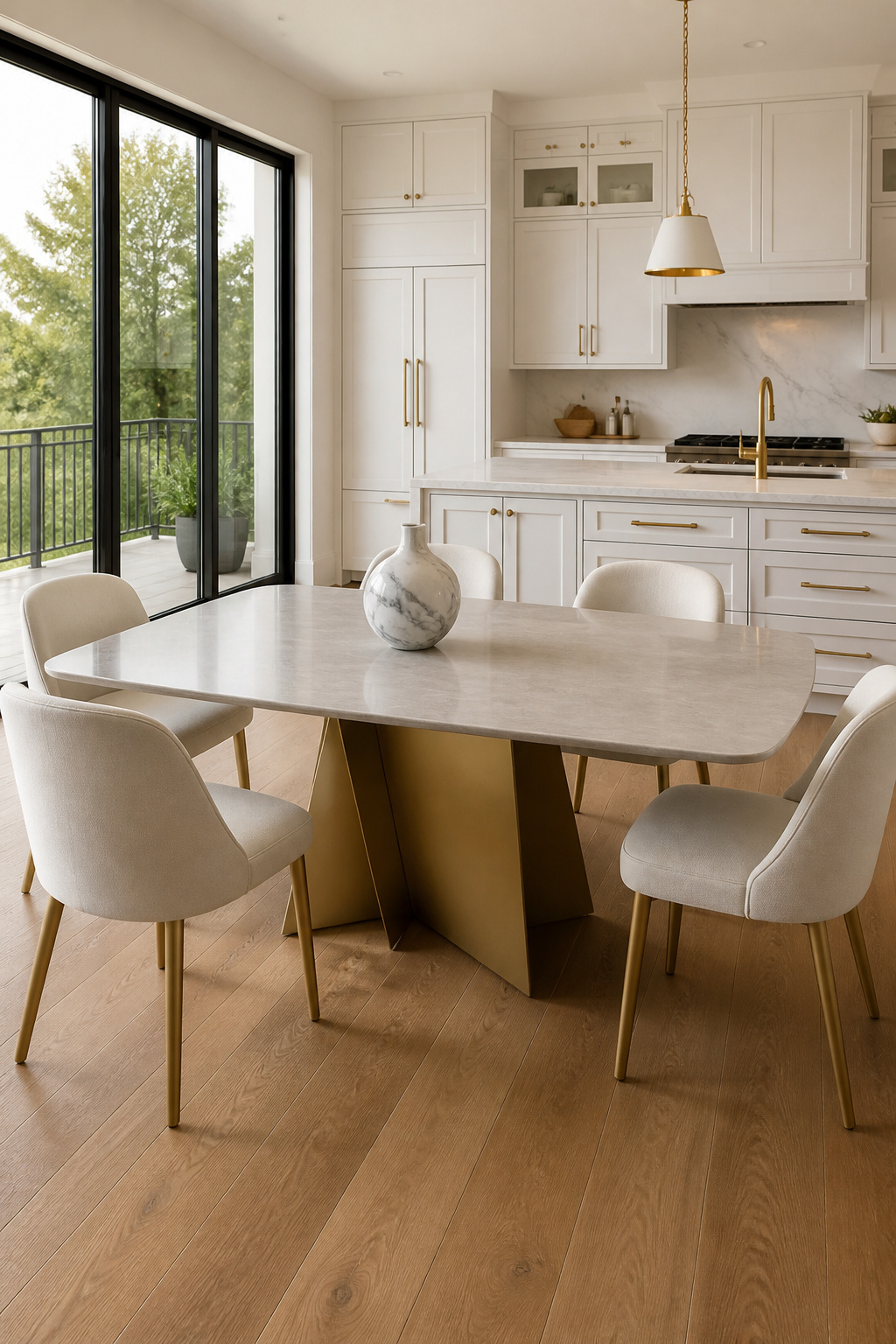 Sintered stone paired with a brass geometric base demonstrates the 2026 material-mixing approach — two opposing materials that make each other better.