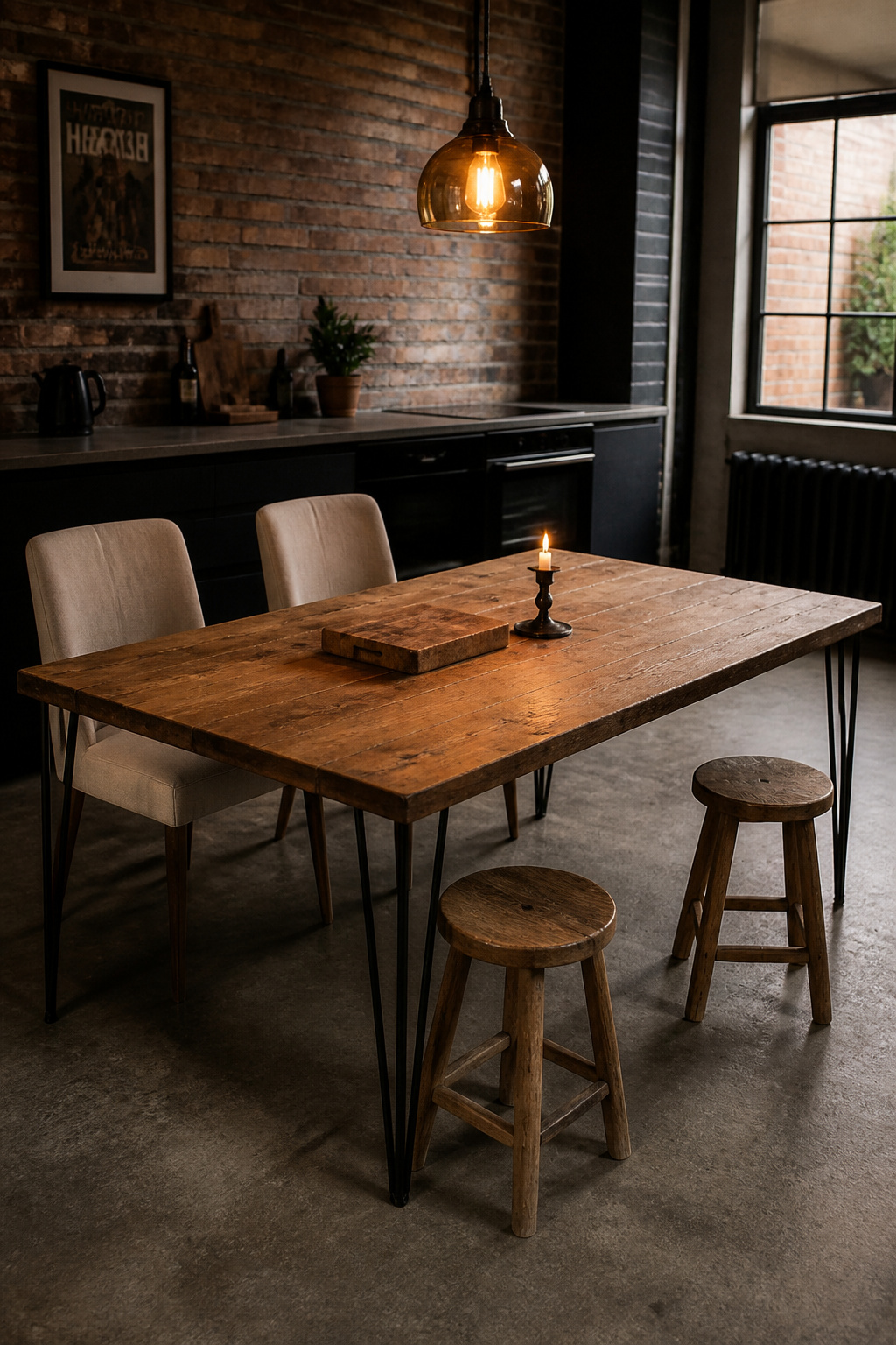 Reclaimed timber on a matte black steel frame turns the industrial aesthetic into something genuinely warm — the material contrast does all the visual work.