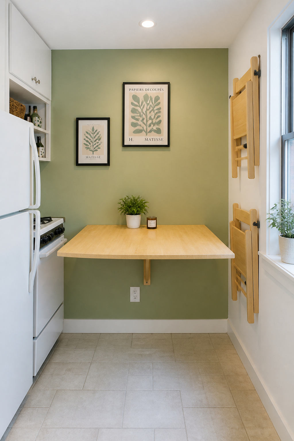 A wall-mounted fold-down birch table in a sage-painted kitchen zone proves that even the smallest flat can have a proper dining space.
