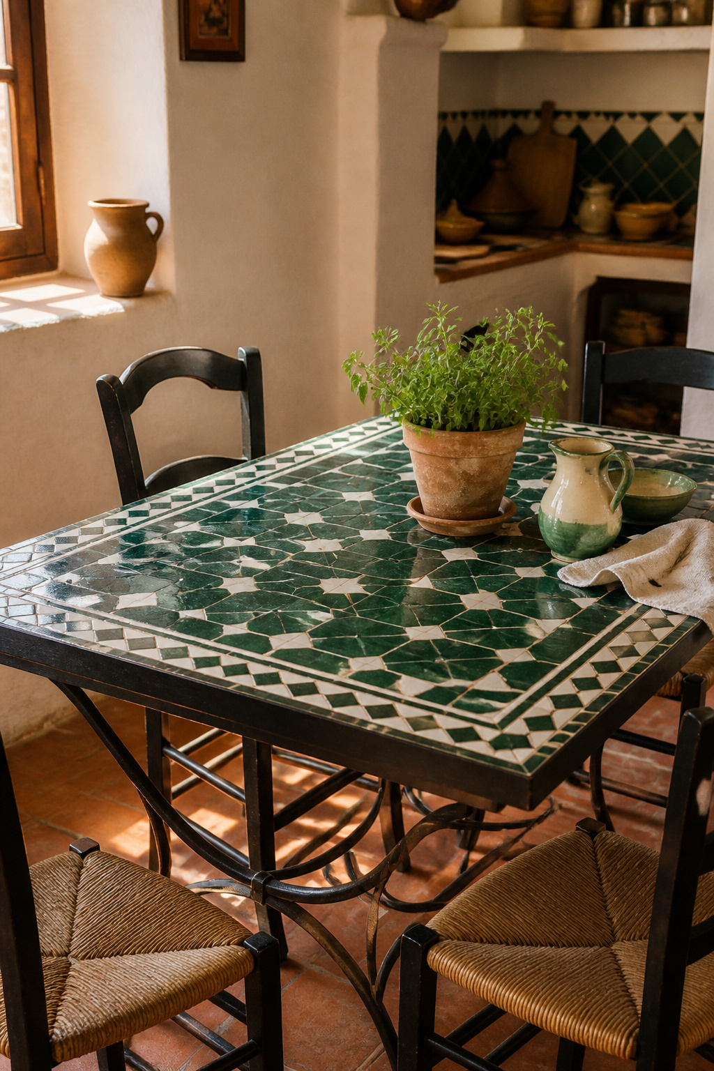 A zellige tile-top table on wrought iron brings authentic Moroccan craft and Mediterranean warmth to a kitchen that becomes a room worth lingering in.