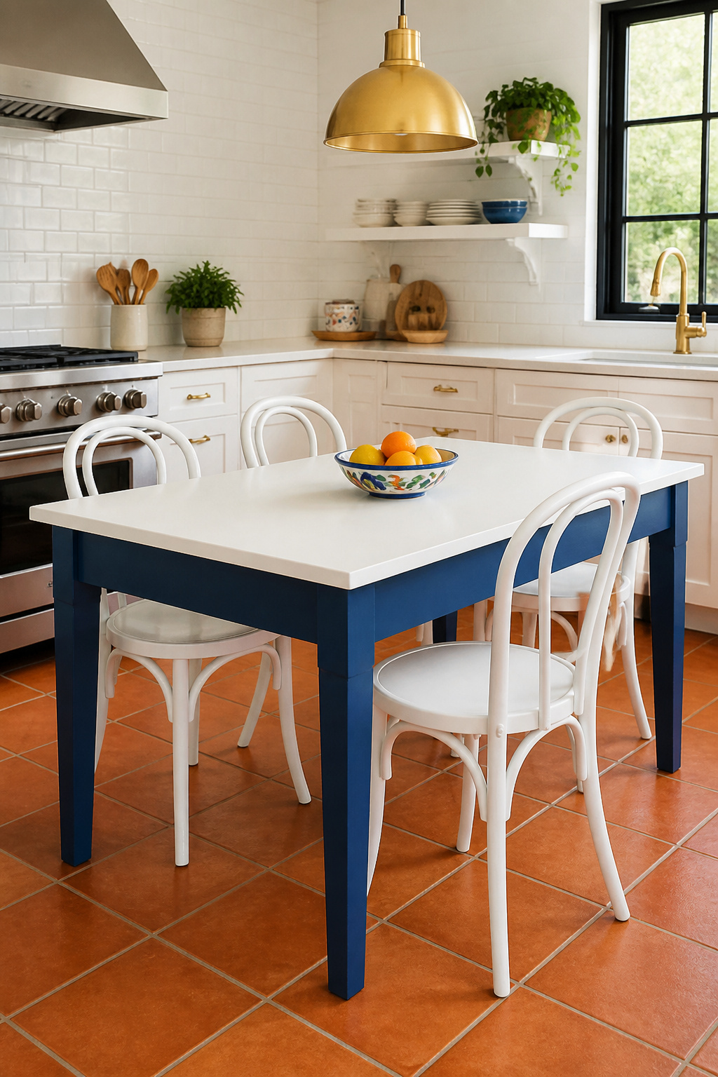 A cobalt blue colour-blocked base against an off-white top turns an ordinary kitchen table into a deliberate design statement that costs almost nothing.