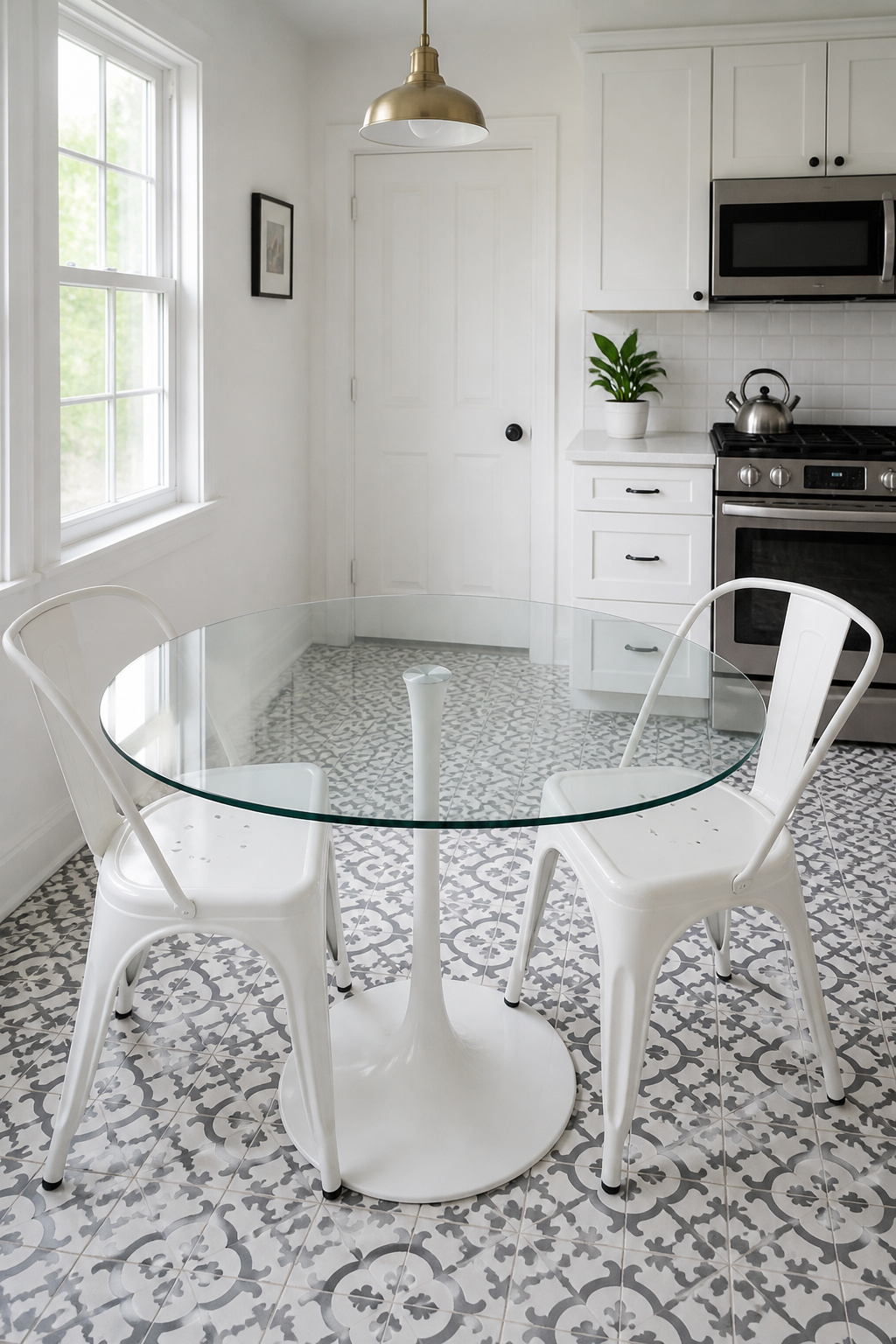 A round glass pedestal table lets the encaustic tile floor remain fully visible, doubling its decorative value while keeping the kitchen feeling open.