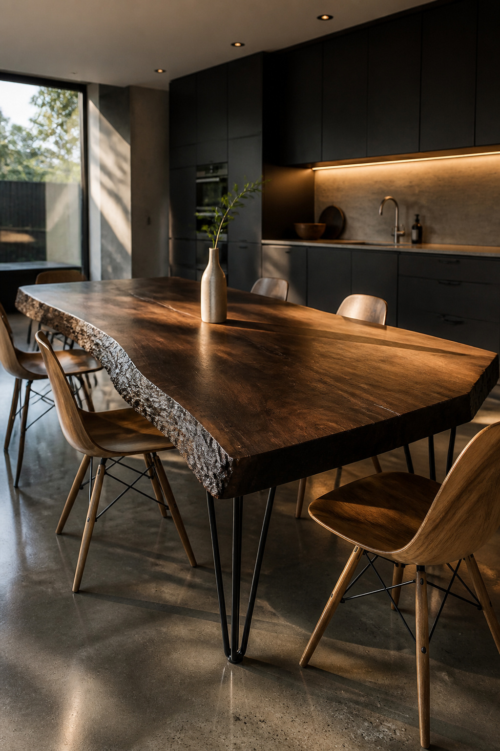 A live edge walnut slab on hairpin legs — the organic profile against flat contemporary cabinetry is the contrast that makes both elements stronger.