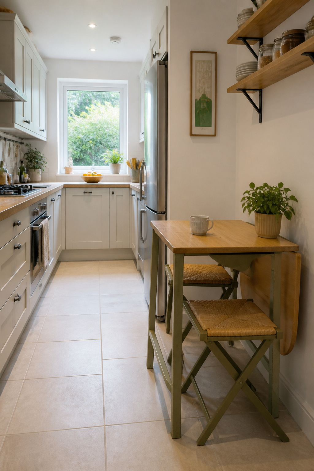 A sage green drop-leaf gate-leg table demonstrates how a small kitchen can have a proper dining surface that folds almost entirely away.