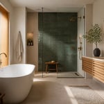 A bathroom designed around three tile types — large format porcelain floor, zellige shower wall, and mosaic niche — showing how layered bathroom tile design choices can define an entire room's character without competing with each other.