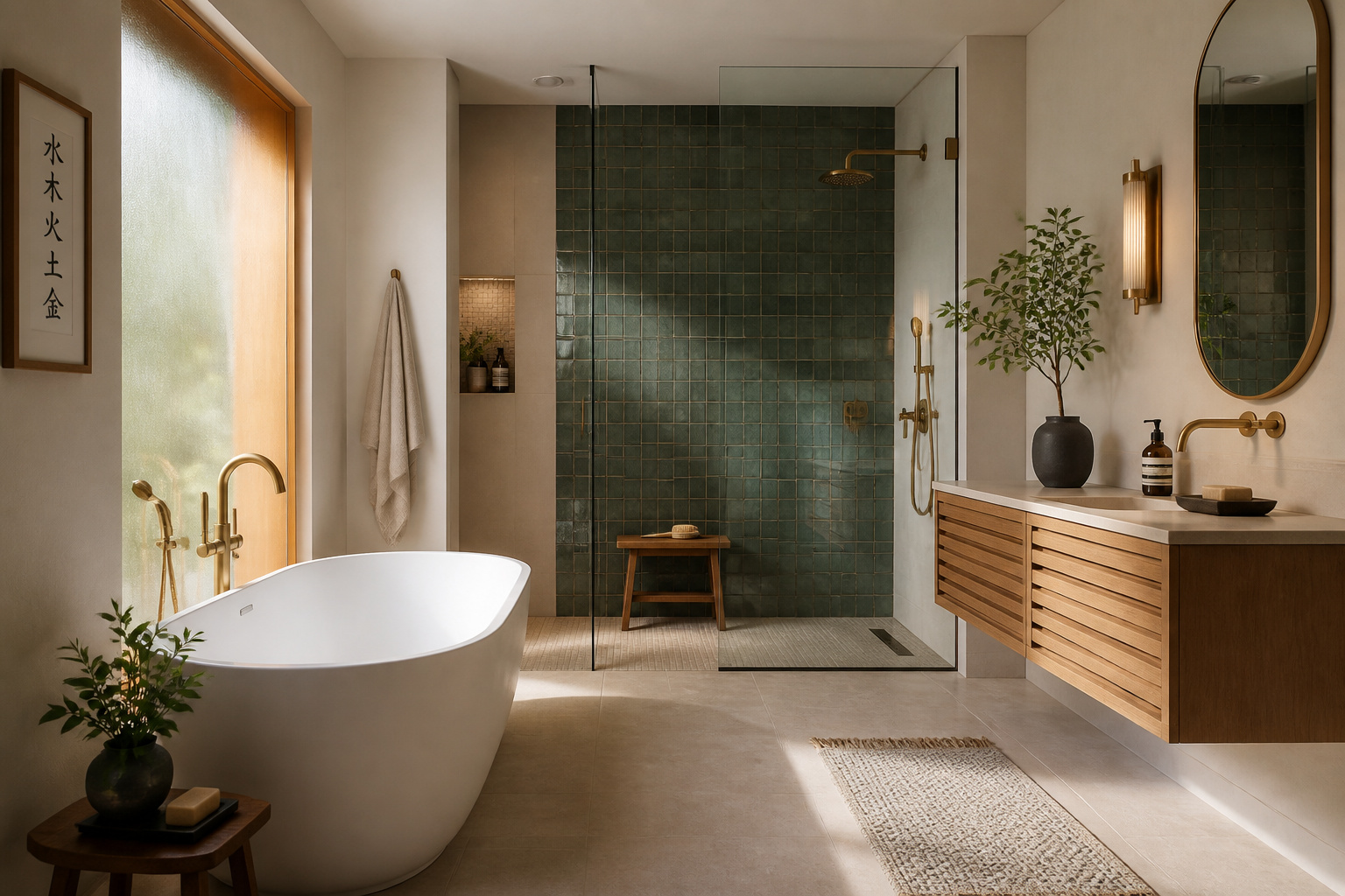 A bathroom designed around three tile types — large format porcelain floor, zellige shower wall, and mosaic niche — showing how layered bathroom tile design choices can define an entire room's character without competing with each other.