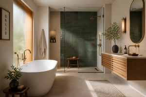 A bathroom designed around three tile types — large format porcelain floor, zellige shower wall, and mosaic niche — showing how layered bathroom tile design choices can define an entire room's character without competing with each other.