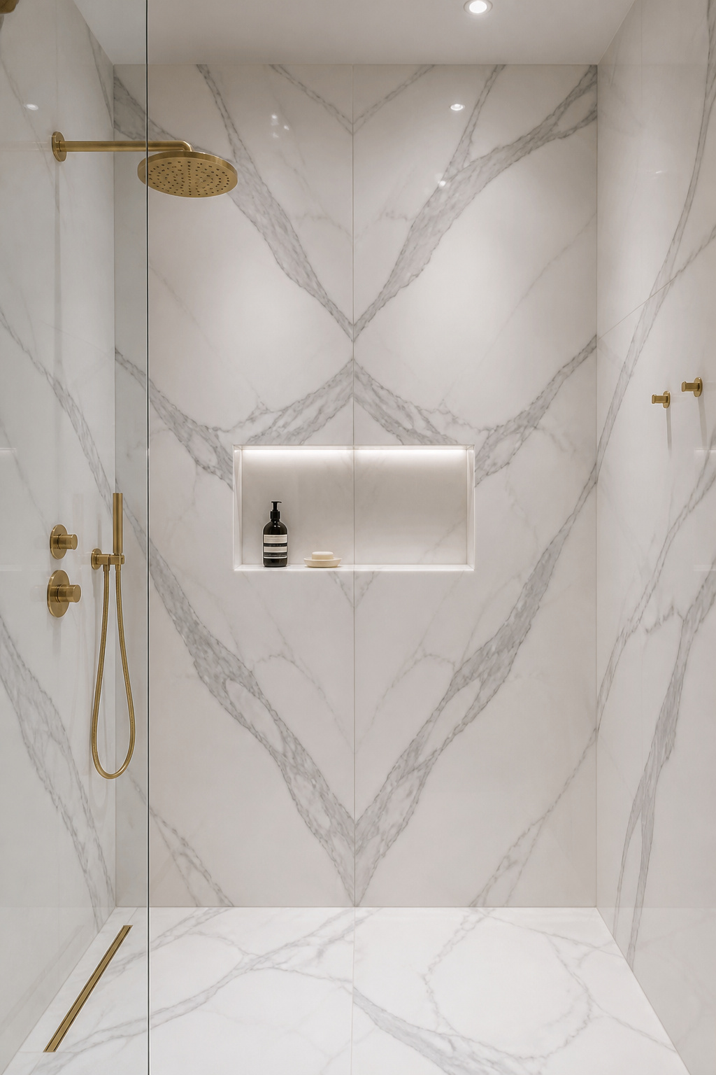 Book-matched marble-effect porcelain — the mirrored vein pattern across adjacent tiles is the detail that separates a considered bathroom tile design from a generic marble-look installation.