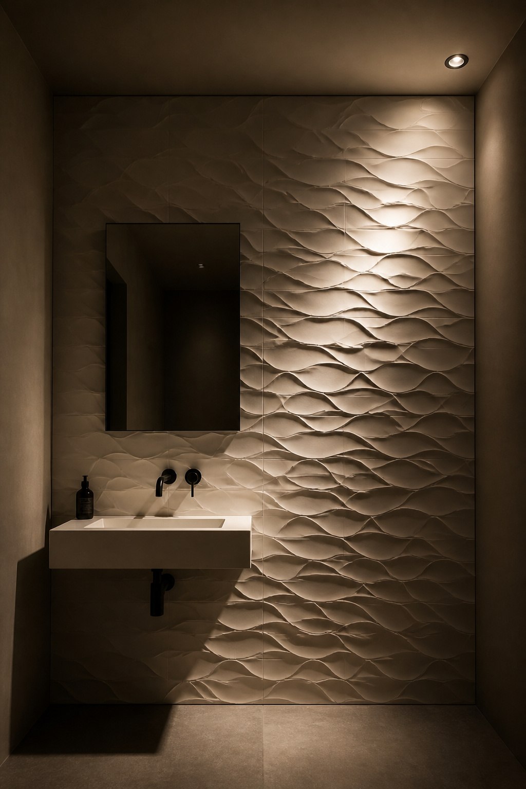Textured 3D ceramic tiles on a bathroom wall — a relief bathroom tile design that shifts character throughout the day as the light source moves across its surface.