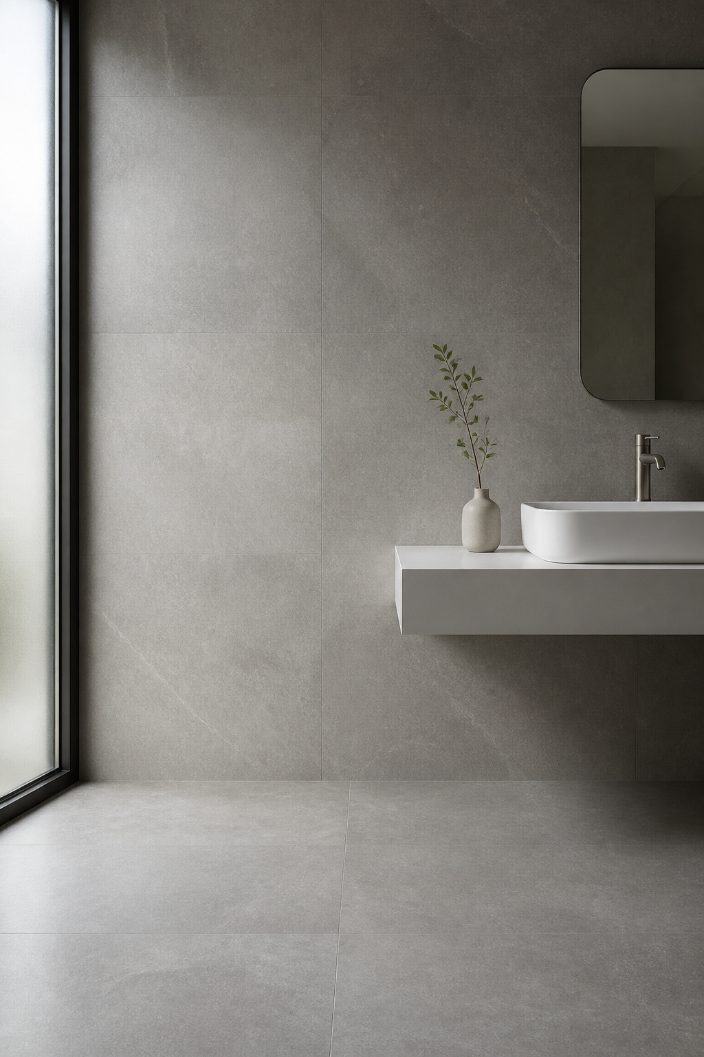 Large-format porcelain slabs in a contemporary bathroom, where near-invisible grout lines create the calm, uninterrupted surface that defines the material's appeal.