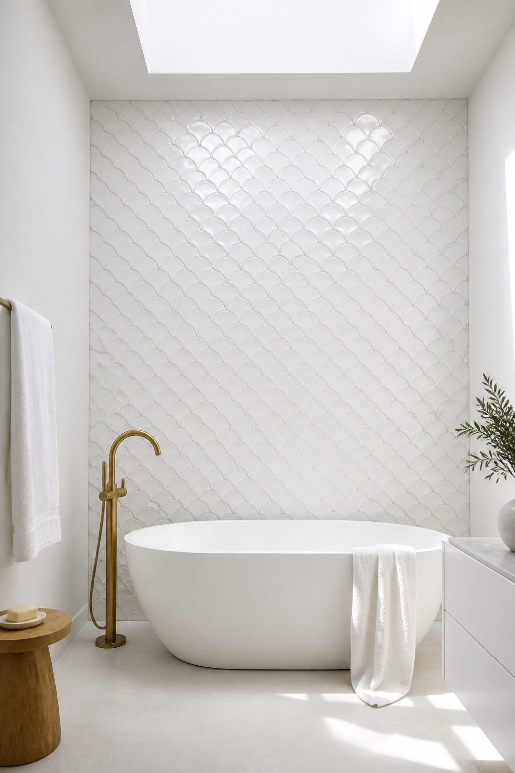 Gloss white scallop tiles on a single bathroom wall — a geometric bathroom tile design where the organic curved shapes catch light individually and create constant surface movement.