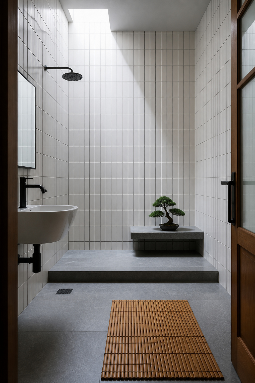 Subway tiles in vertical stacked bond bring a Japanese bathhouse calm to a contemporary bathroom, the column structure drawing the eye upward through the full room height.