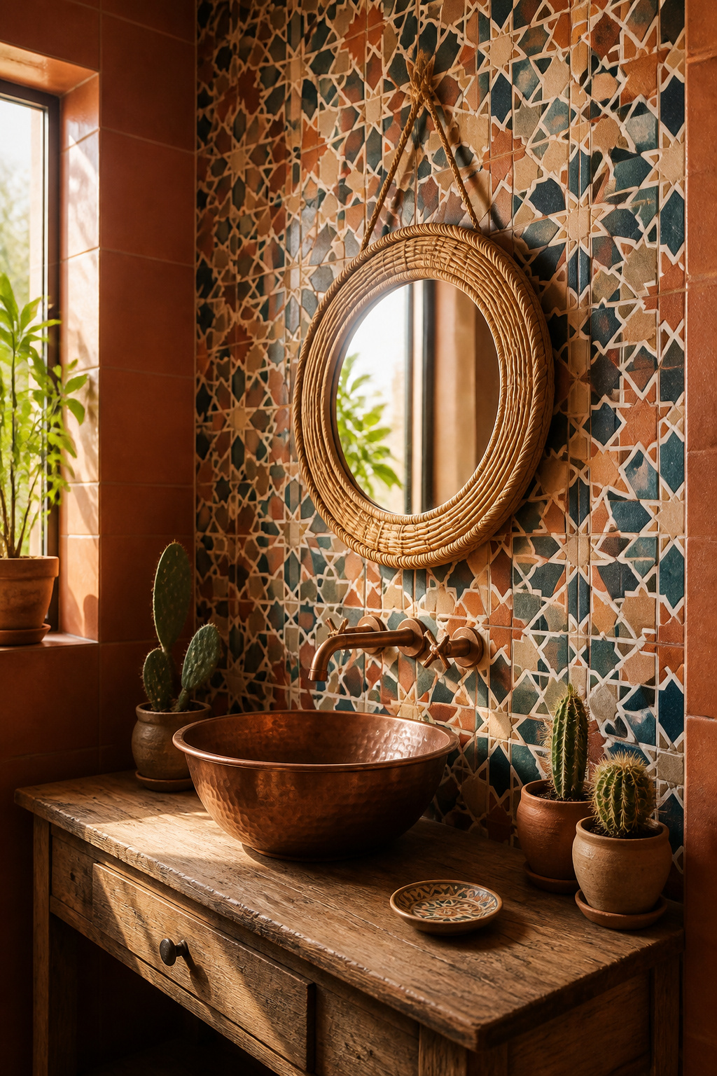 Cement encaustic tiles in a Moorish geometric pattern — the natural depth and warmth of the handmade material visible in the directional light that rakes across the wall.