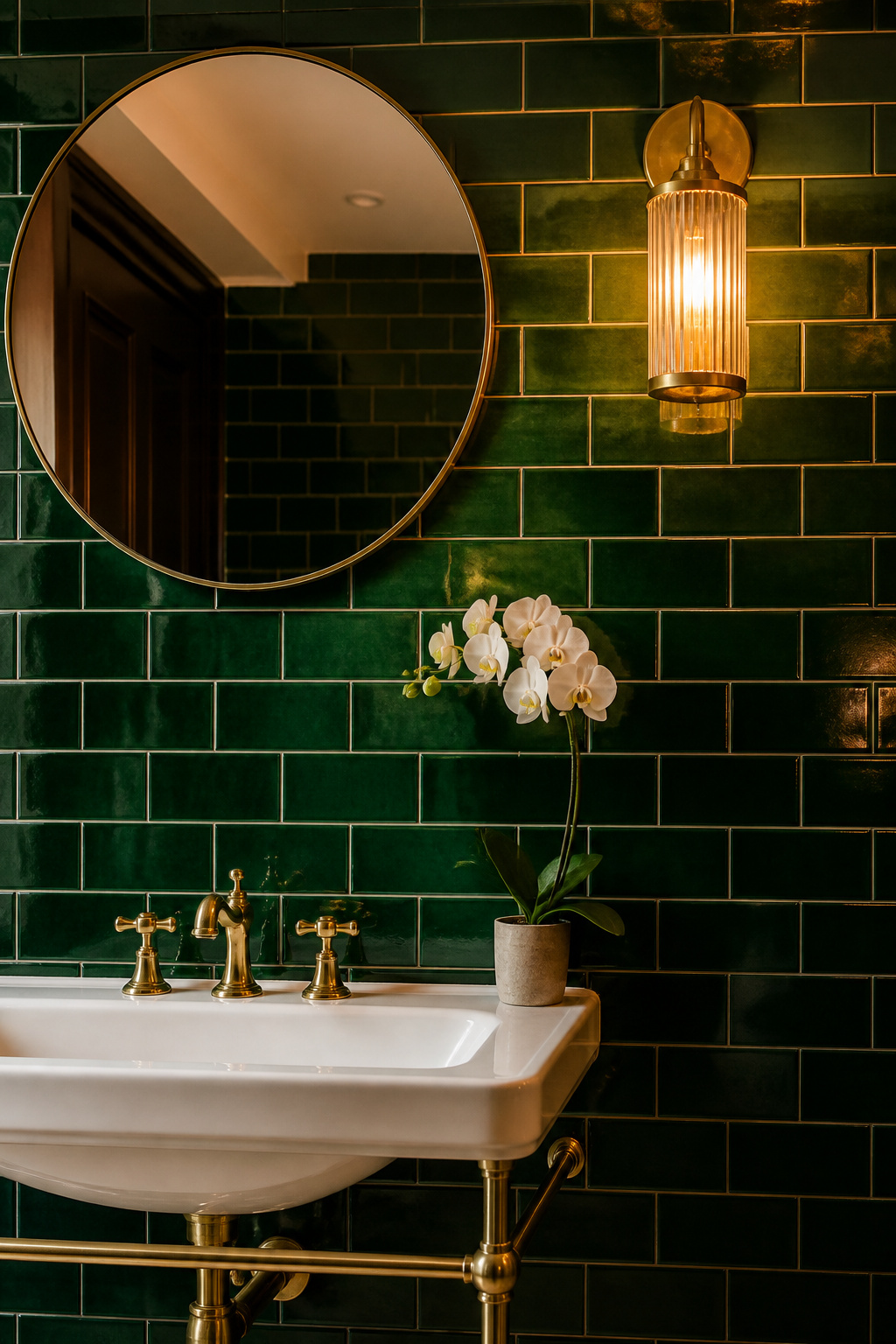 Deep forest green glazed metro tiles — a bold bathroom tile design that works because it commits to one surface and keeps everything surrounding it deliberately quiet.