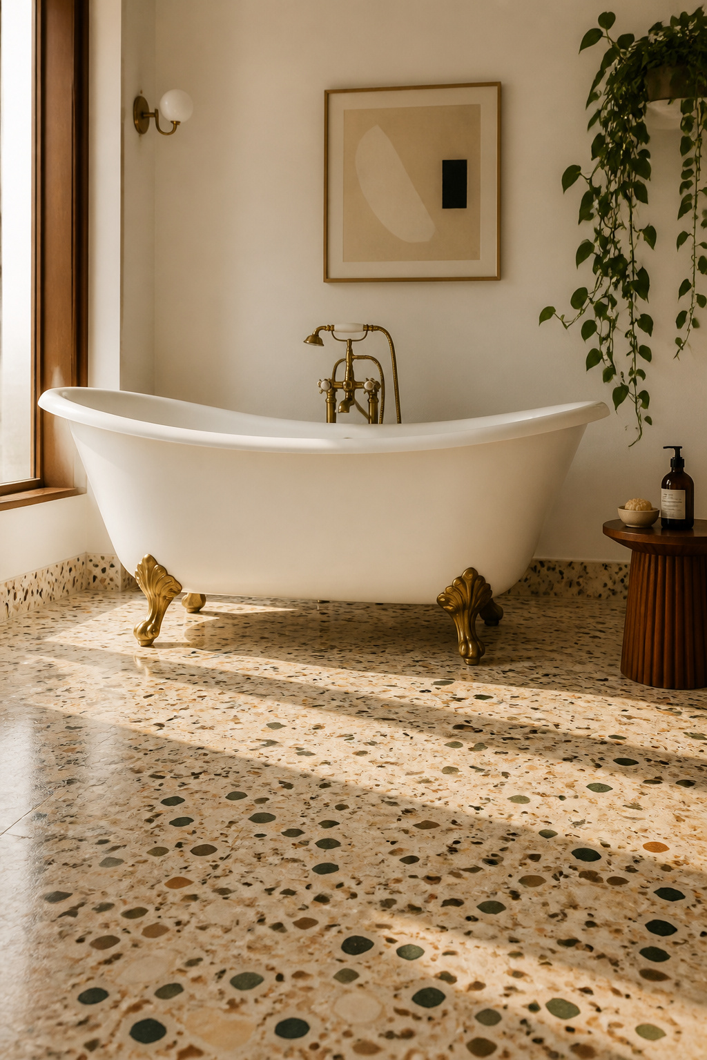 Terrazzo floor tile in a retro-modern bathroom — the aggregate chips catch afternoon light and create a surface that works as hard aesthetically as any natural stone.