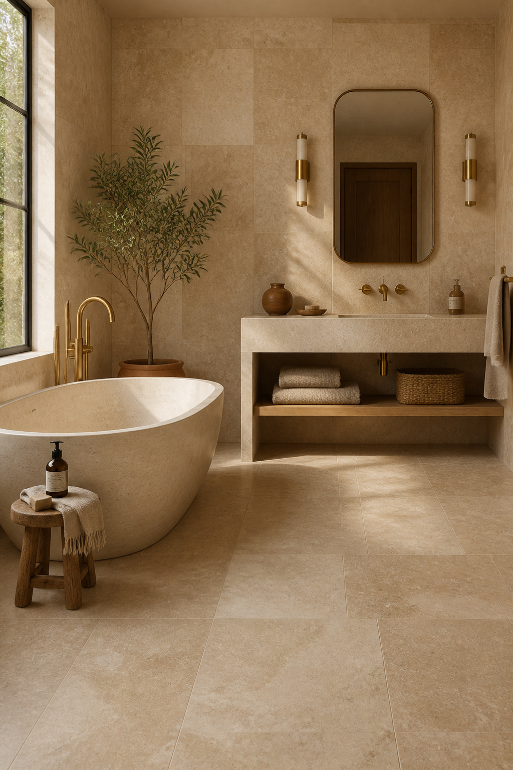 Honed travertine brings geological depth to a bathroom — the natural variation in vein pattern and surface pitting that only real stone produces.
