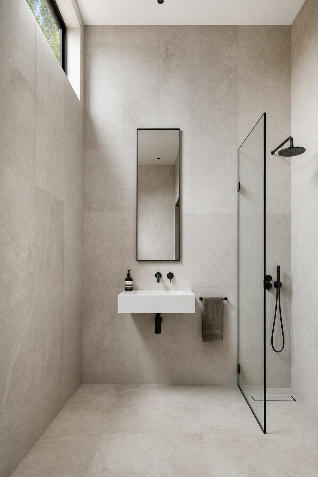 Floor-to-ceiling tile removes the visual boundary that makes most bathrooms feel smaller than they are — the eye travels the full wall height without stopping.