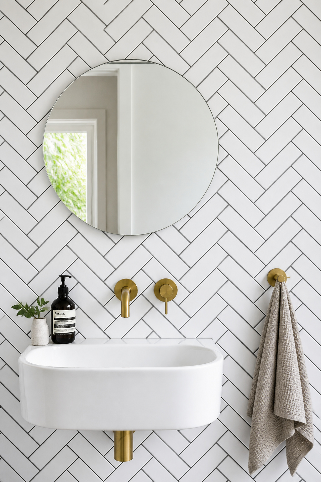 White subway tile in herringbone with dark grey grout — a timeless bathroom tile design made graphic by the combination of pattern and tonal contrast.
