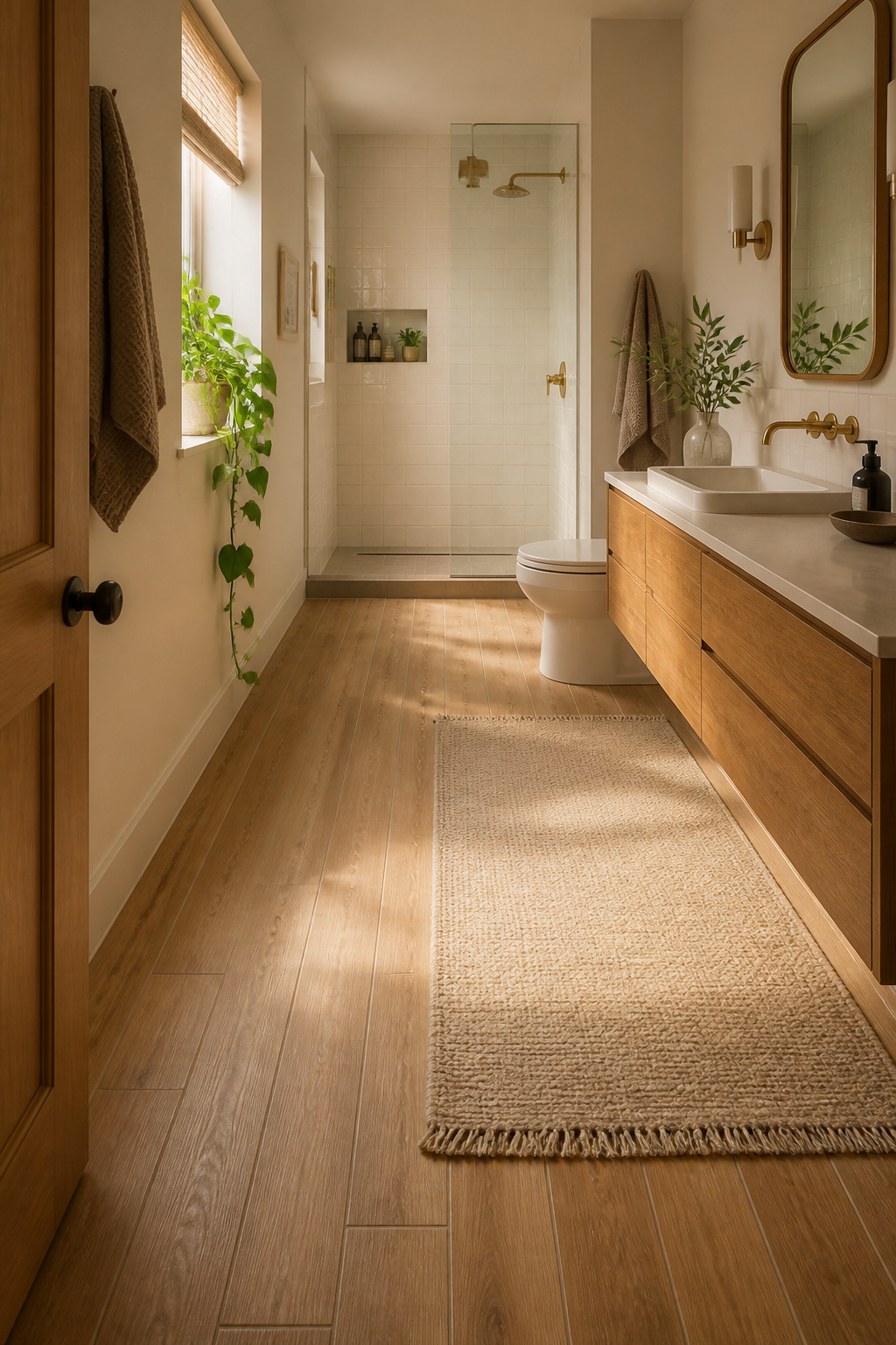 Wood-look porcelain plank tiles bring warmth to a bathroom without the vulnerability of real timber — the visual material connection achieved without the moisture-related risk.