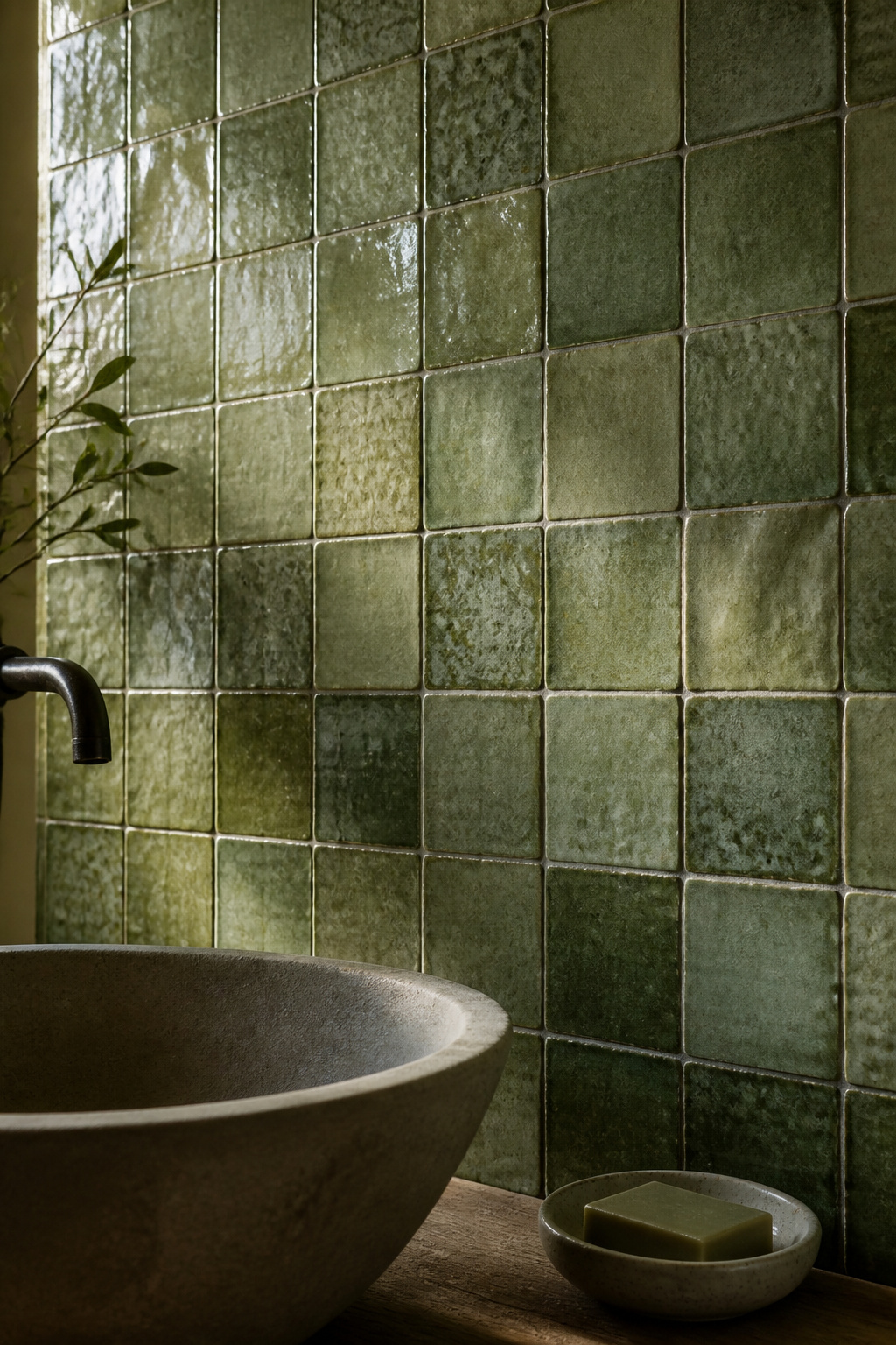Handmade ceramic tiles in varied sage green — each one different from the last, a wall surface that speaks directly to its maker's hands.