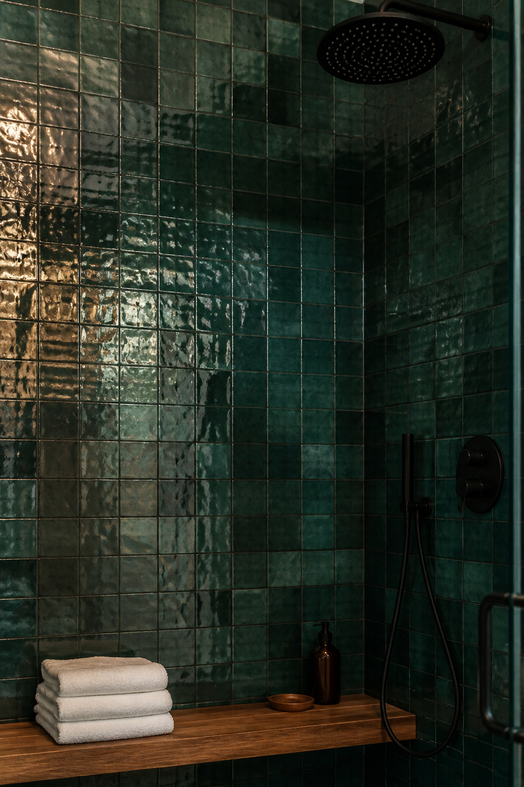 Hand-cut zellige tiles in deep ocean green, where the light-catching variation between individual glazed pieces creates a surface no factory tile can replicate.