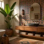 A curated bathroom scene blending global design traditions — a honed basalt basin on teak, Moroccan zellige tiles, and a bird of paradise — captured in warm morning light.