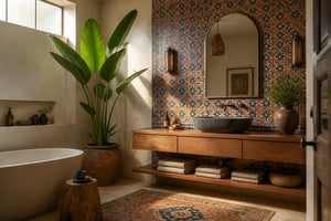 A curated bathroom scene blending global design traditions — a honed basalt basin on teak, Moroccan zellige tiles, and a bird of paradise — captured in warm morning light.