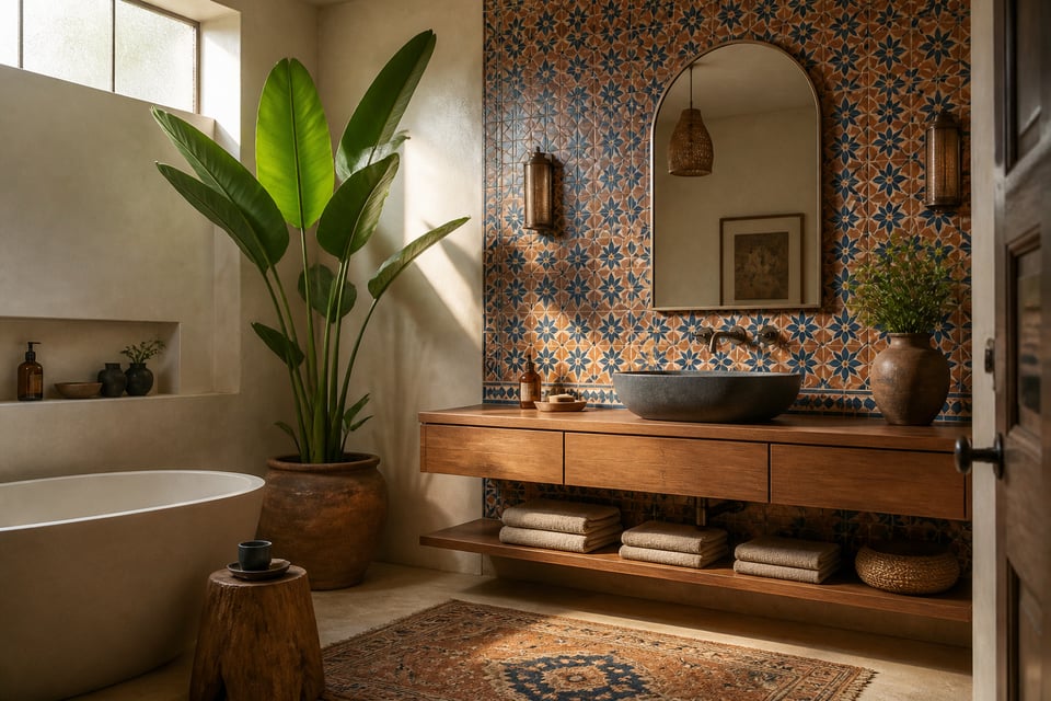 A curated bathroom scene blending global design traditions — a honed basalt basin on teak, Moroccan zellige tiles, and a bird of paradise — captured in warm morning light.