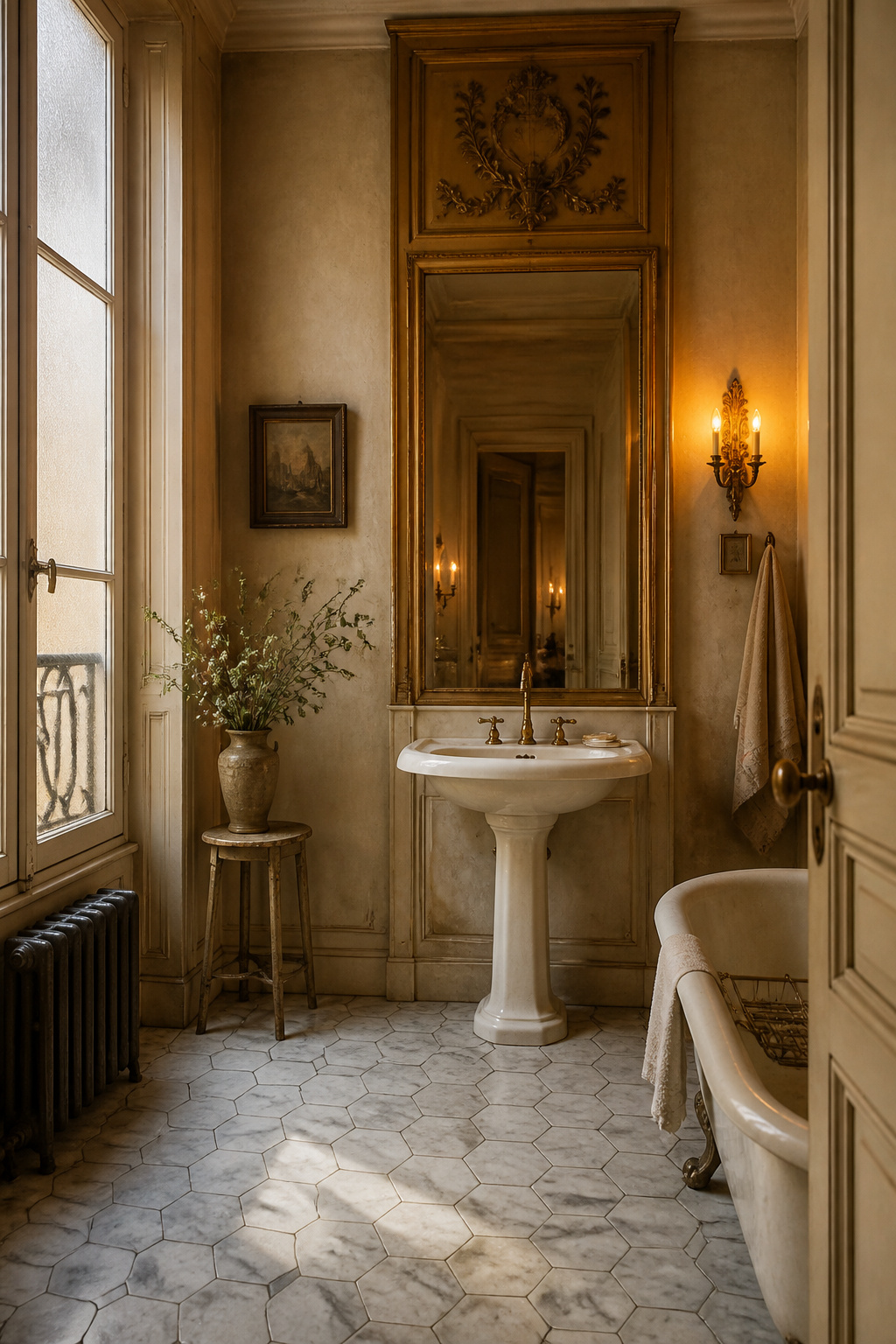 A vintage Parisian bathroom with Carrara marble hex floors, an ivory pedestal sink, and a tall gilt trumeau mirror — Belle Époque elegance expressed through authentic material patina.