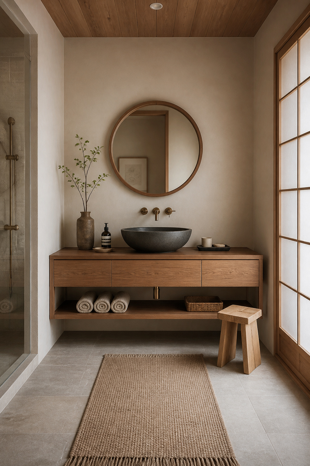 A Japandi bathroom pairing a honed basalt vessel basin with a wall-hung teak vanity, hinoki accessories, and pale raw-plaster walls — wabi-sabi and hygge in material conversation.