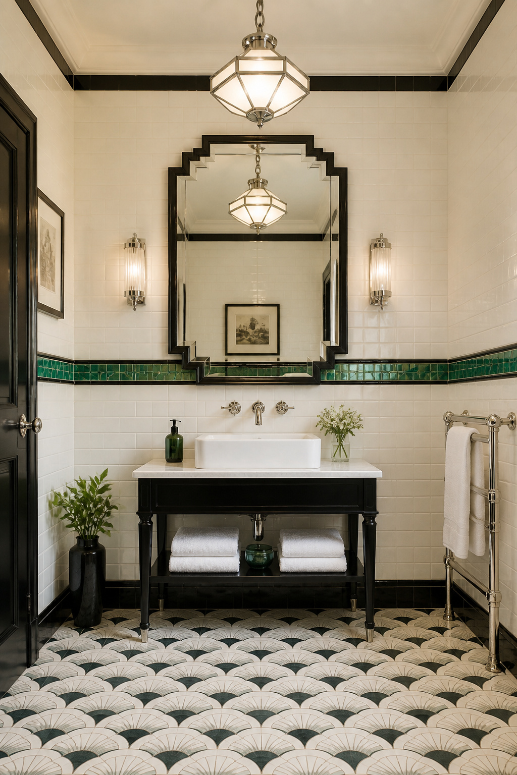 An Art Deco bathroom with cream fan-pattern floor tiles, an emerald jewel glass mosaic border, and polished chrome cross-handle fittings — period geometric glamour expressed through one dominant motif.