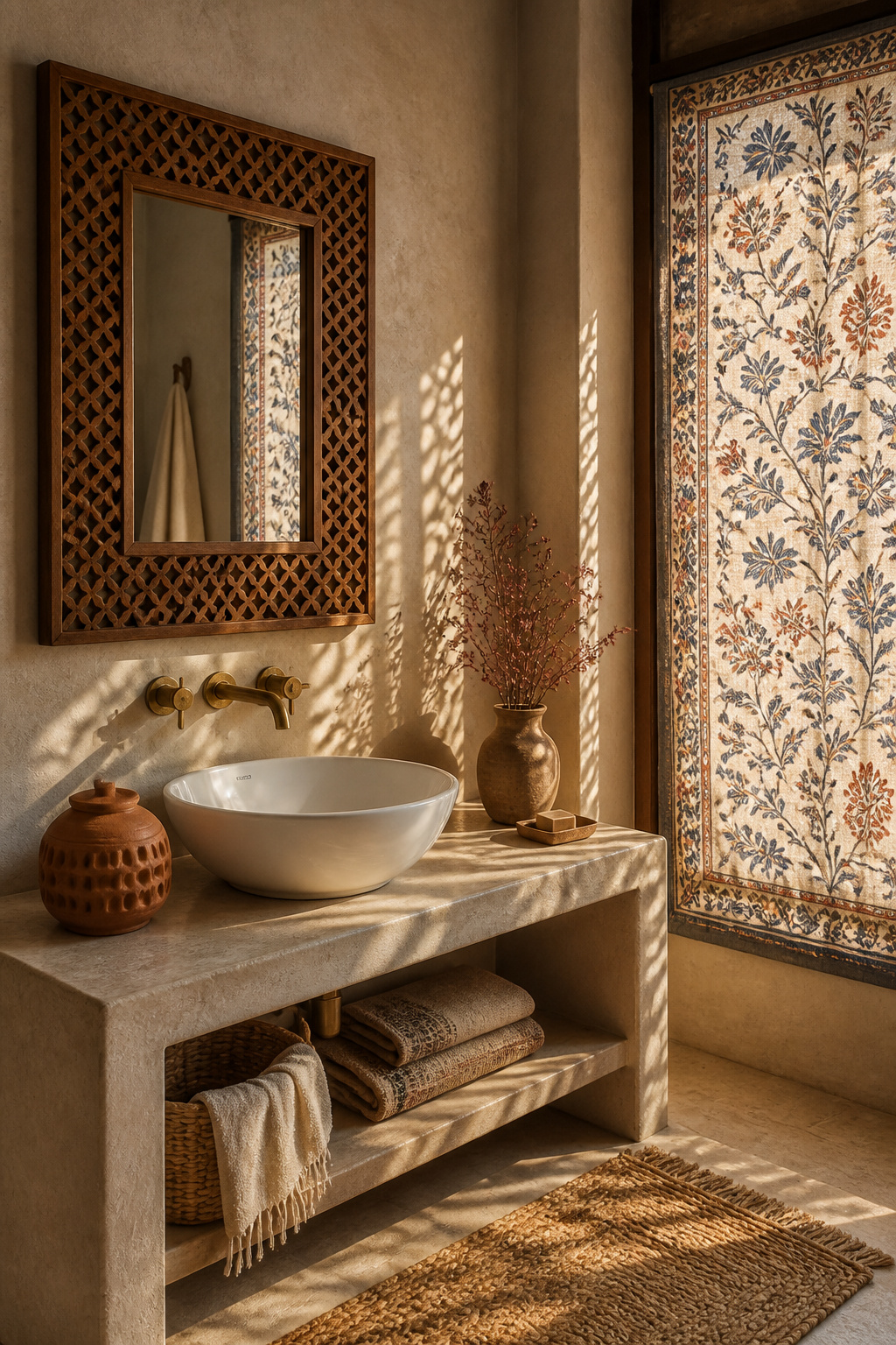 A South Asian fusion bathroom with a jali-carved teak mirror frame, unlacquered brass fittings, and a block-print linen panel casting botanical shadow patterns — genuine artisanal heritage, not pastiche.
