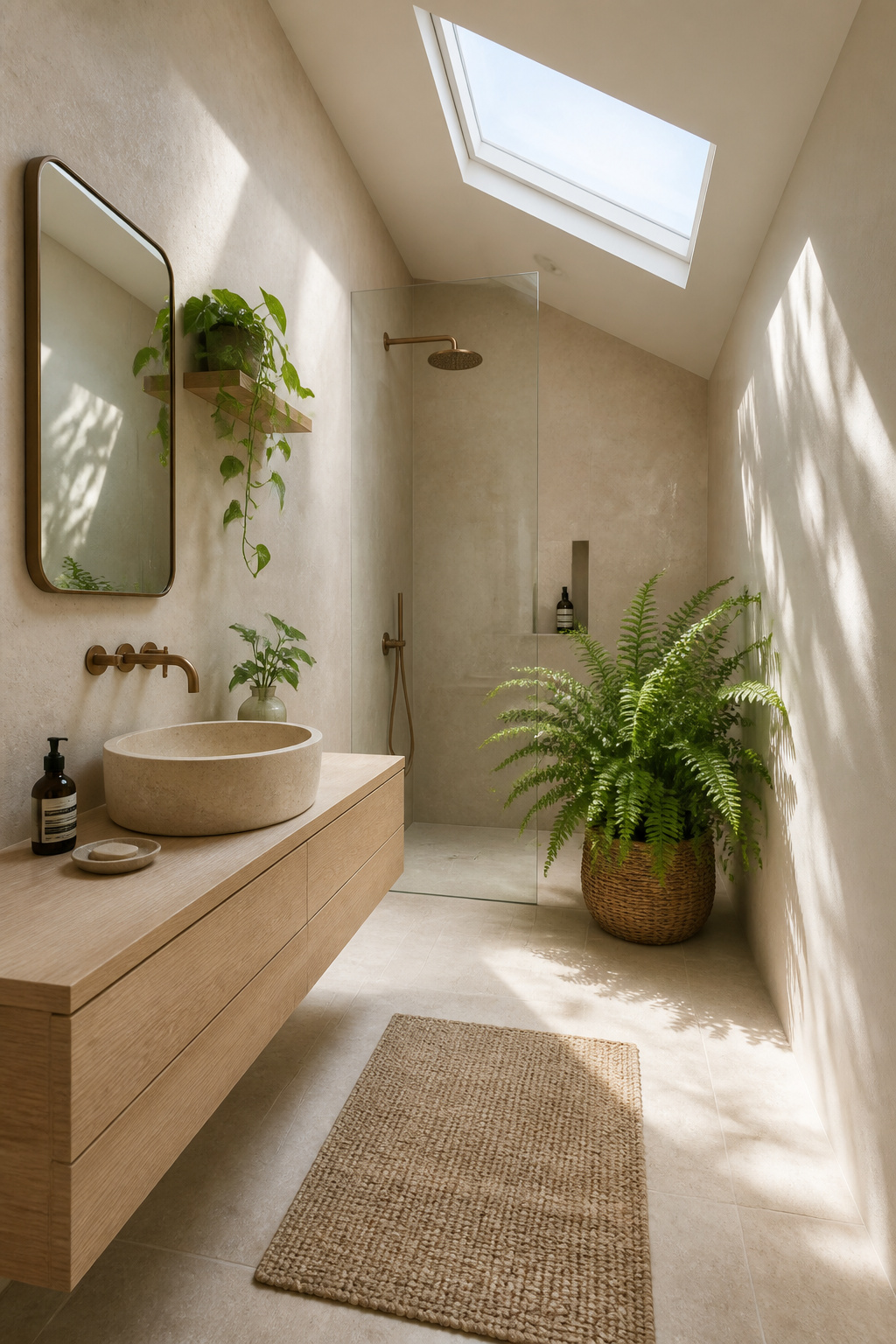 A biophilic bathroom with a honed limestone vessel basin, skylight natural light, and a Boston fern flourishing near the shower zone — natural materials and living plants in genuine conversation.