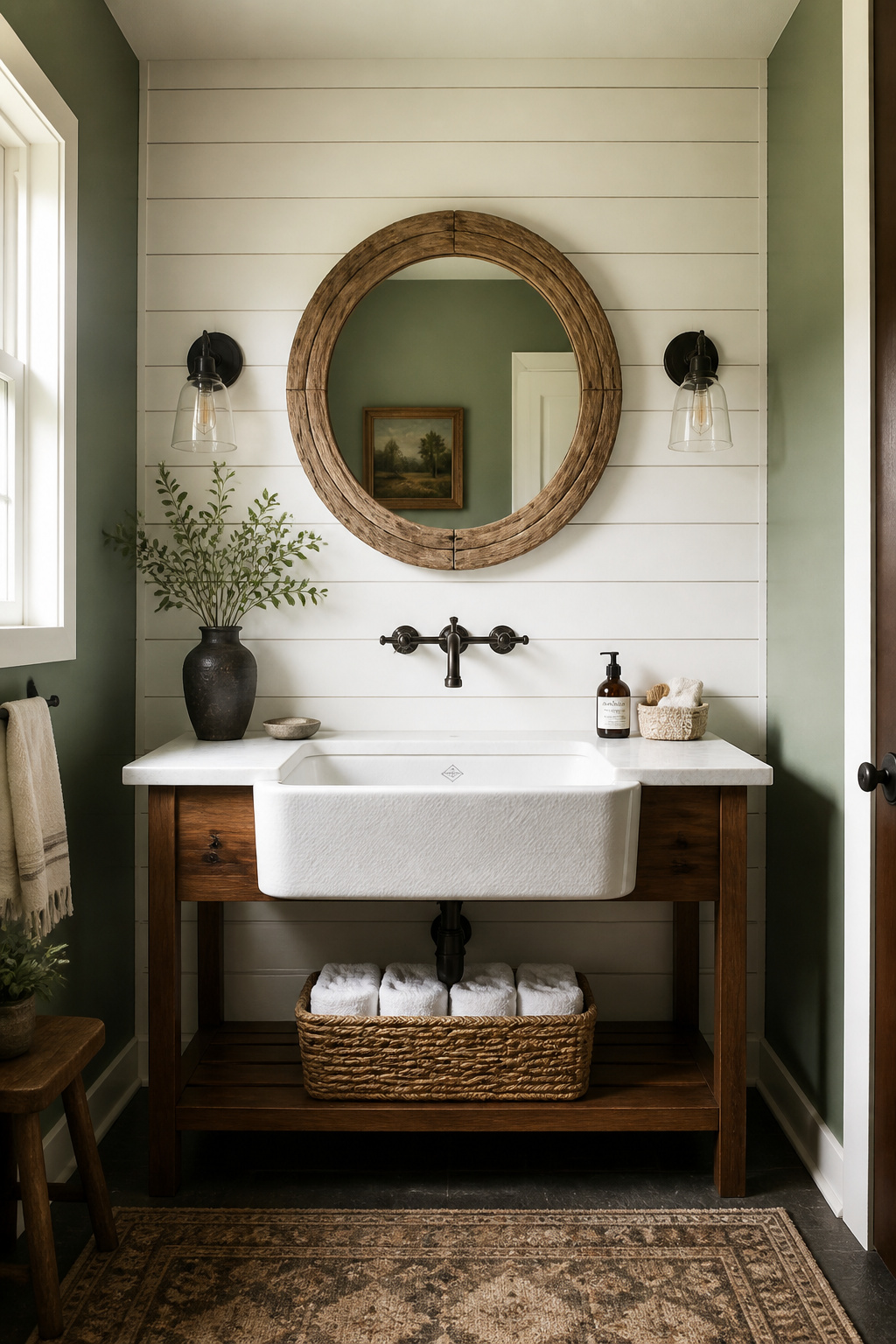 A modern farmhouse bathroom with a deep fireclay apron sink, painted shiplap on one wall, oil-rubbed bronze fittings, and sage-green paint — warm, unpretentious, and genuinely characterful.