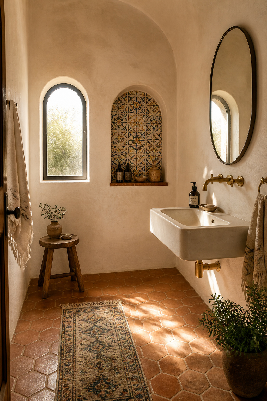 A Mediterranean bathroom with unglazed terracotta hex tiles, limewash plaster walls, and hand-painted Talavera tilework in an arched niche — warm, artisanal, and genuinely sun-soaked.