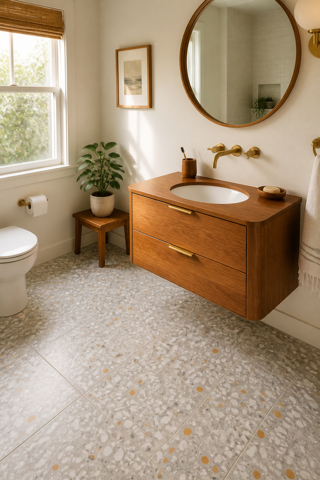 A mid-century modern bathroom with a warm honey-teak floating vanity, pale terrazzo floors, and a circular teak-framed mirror — 1950s material warmth and formal clarity for the contemporary home.