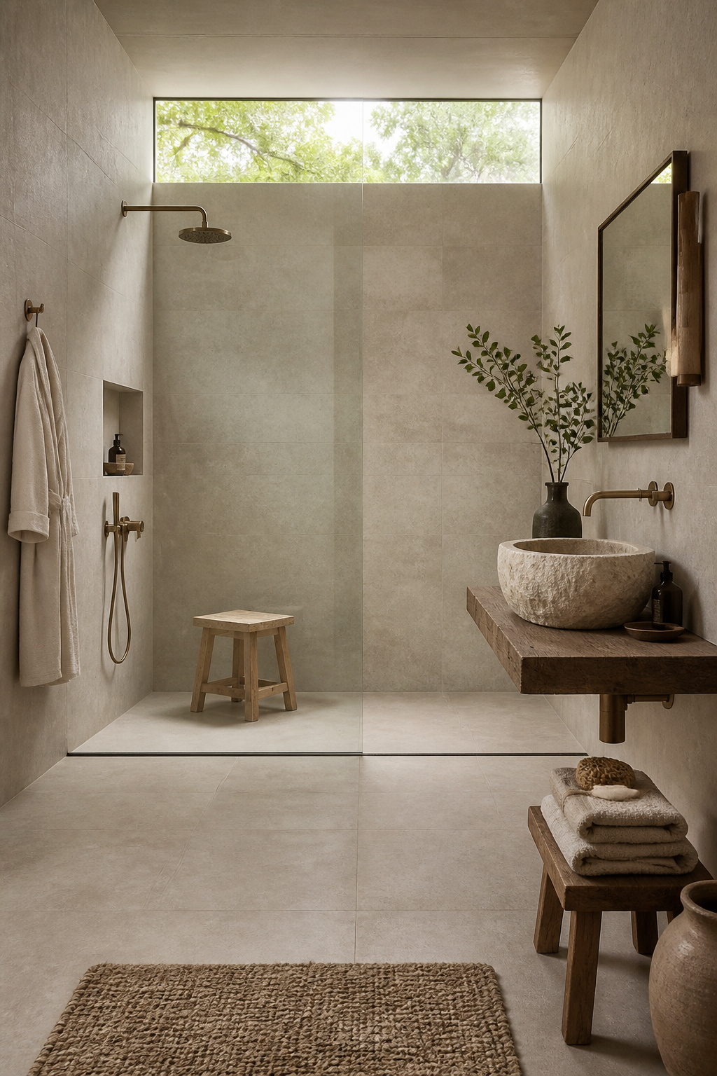 A spa sanctuary wet room with seamless stone-effect porcelain, a raw limestone basin, frameless glass, and a hinoki stool — ritual bathing philosophy expressed in materials that age beautifully.