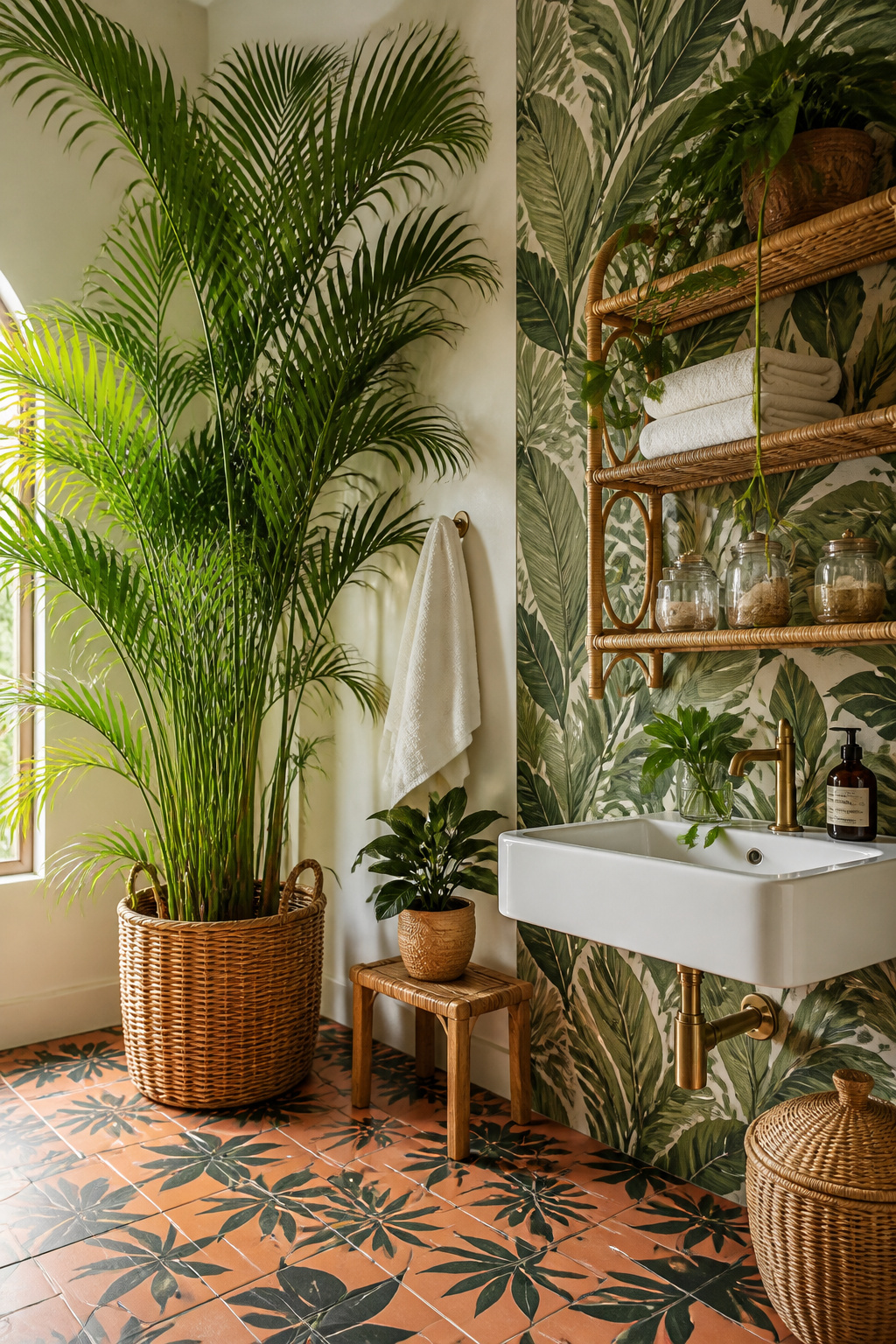 A tropical retreat bathroom with a ceiling-height areca palm, botanical wallpaper, terracotta encaustic floor tiles, and rattan shelving — controlled abundance that reads as genuinely lush rather than over-decorated.