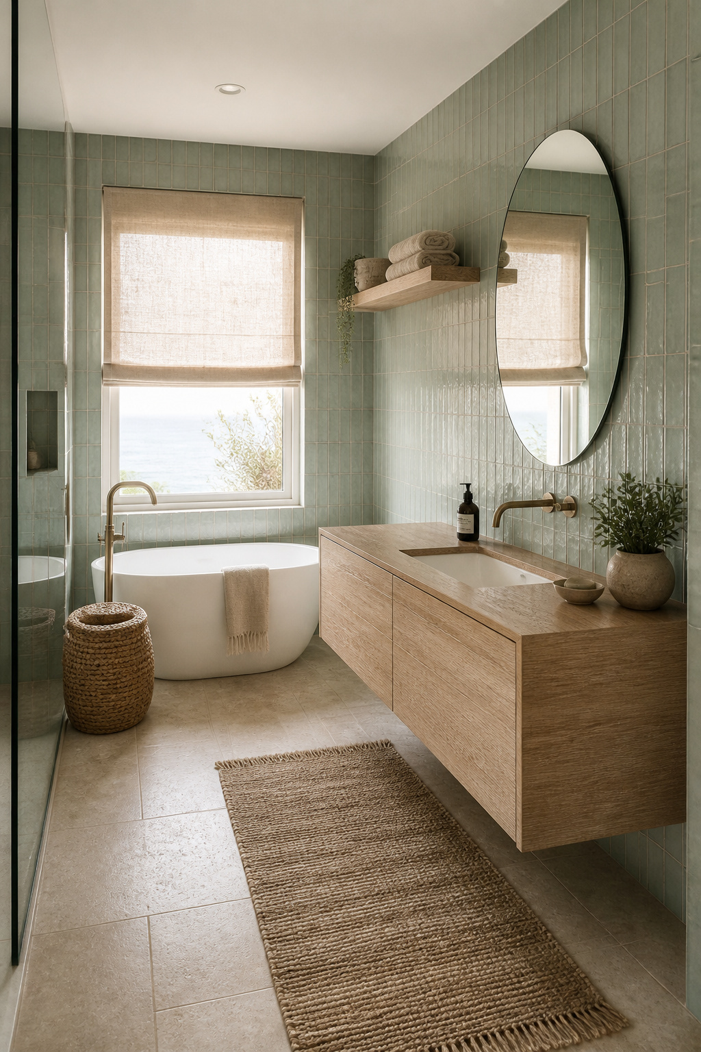 A refined coastal bathroom with sea-glass seafoam tiles, a bleached teak vanity, and linen Roman blinds — the shoreline palette distilled into a room of genuine material warmth.