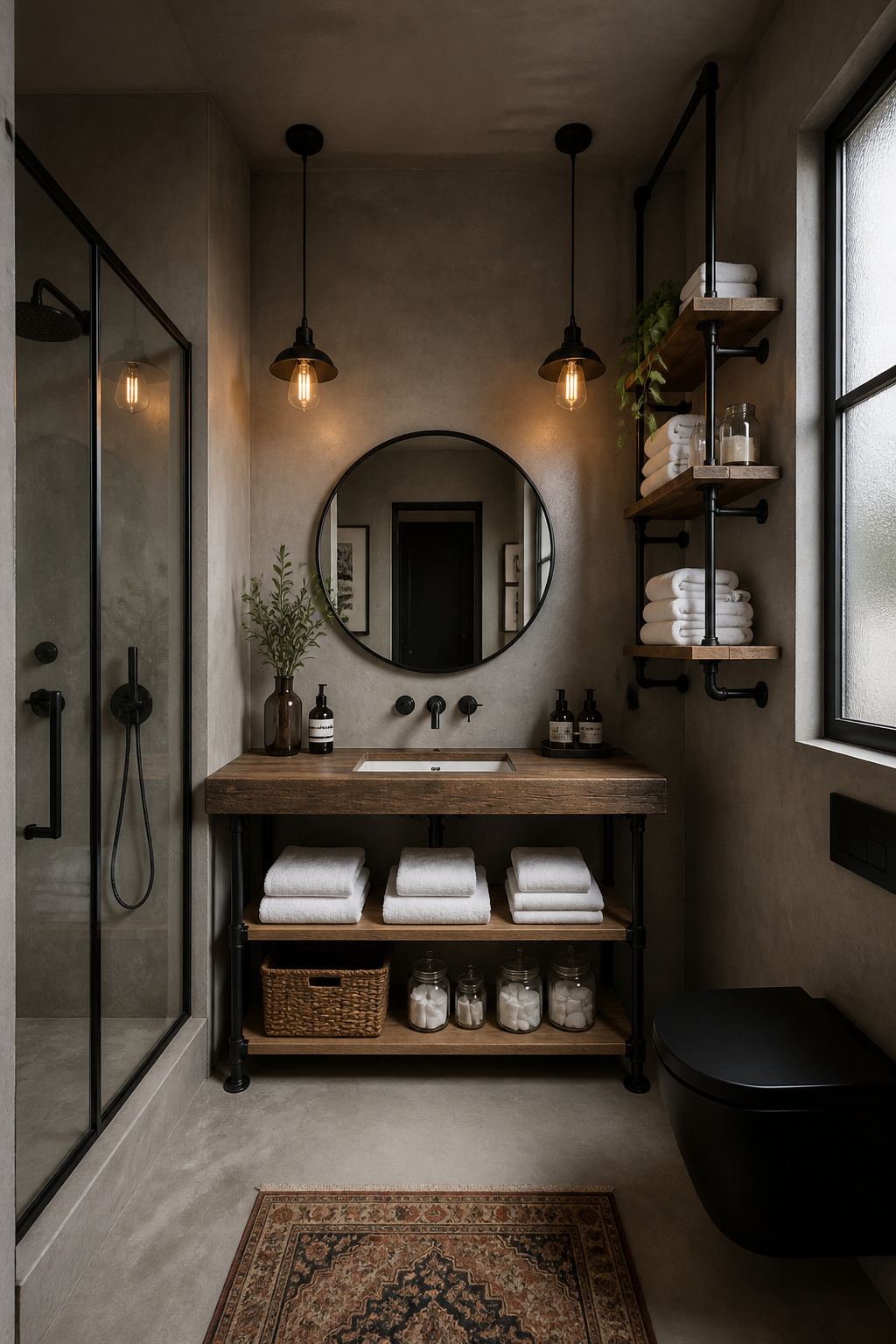 An industrial bathroom with sealed microcement walls, black steel pipe shelving holding Douglas fir planks, and factory pendant lights — raw material honesty warmed by timber and linen.