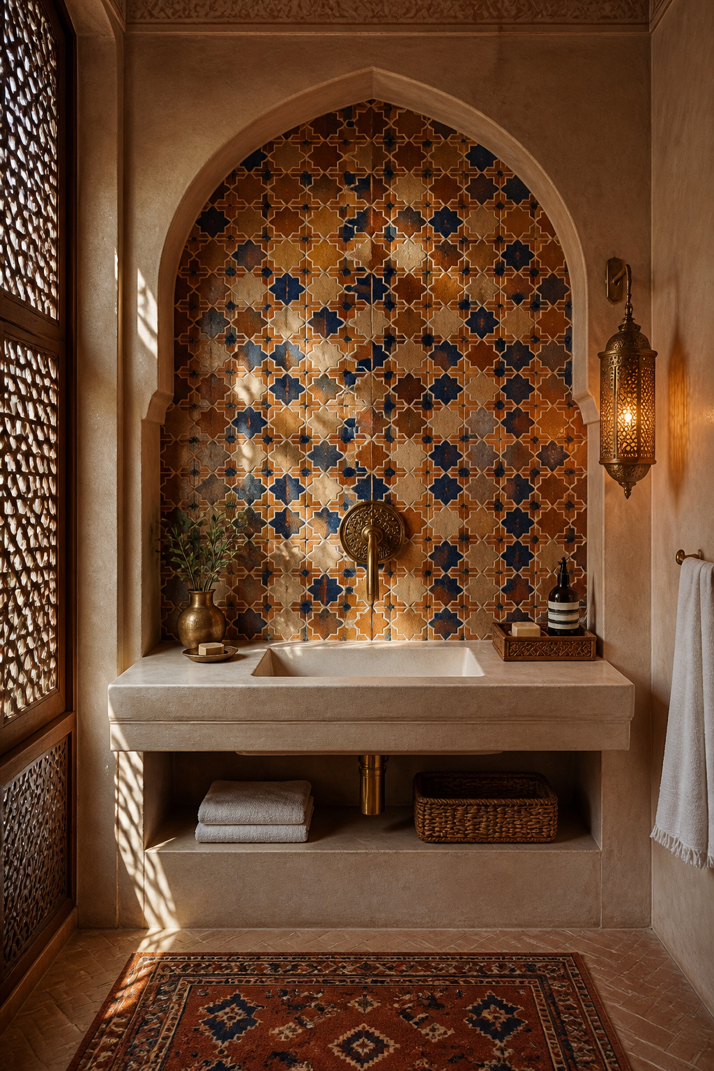 An artisanal Moroccan bathroom centred on a handmade zellige tile feature wall in terracotta and cobalt, with tadelakt plaster and hand-hammered brass lantern light — riad heritage in a domestic setting.