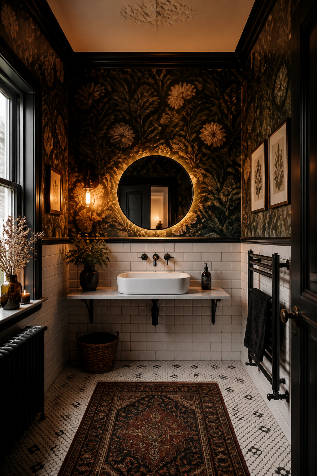 A dark Victorian bathroom with overscale botanical wallpaper on a forest green ground, charcoal-grouted subway tile, and layered warm amber lighting — dramatic, intimate, and deliberately moody.