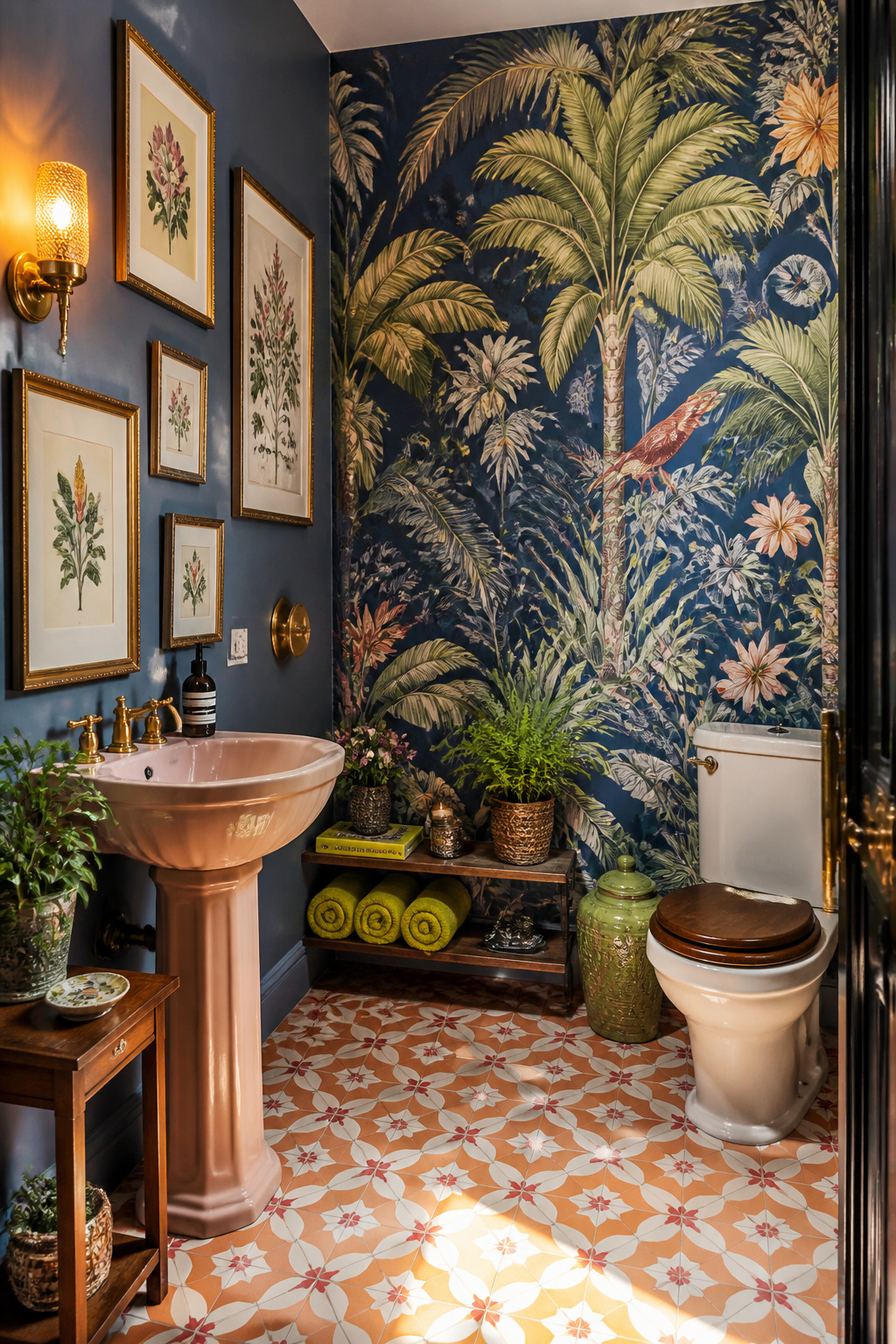 A maximalist bathroom with overscale indigo botanical wallpaper, terracotta encaustic floor tiles, and a curated gallery wall of framed botanicals — pattern, scale, and colour in joyful conversation.