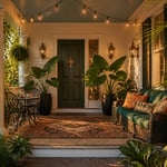 A tropical maximalist front porch brings together every layer of the decorating formula — statement door, strategic lighting, lush container plants, and cohesive textiles — into a single welcoming entry.