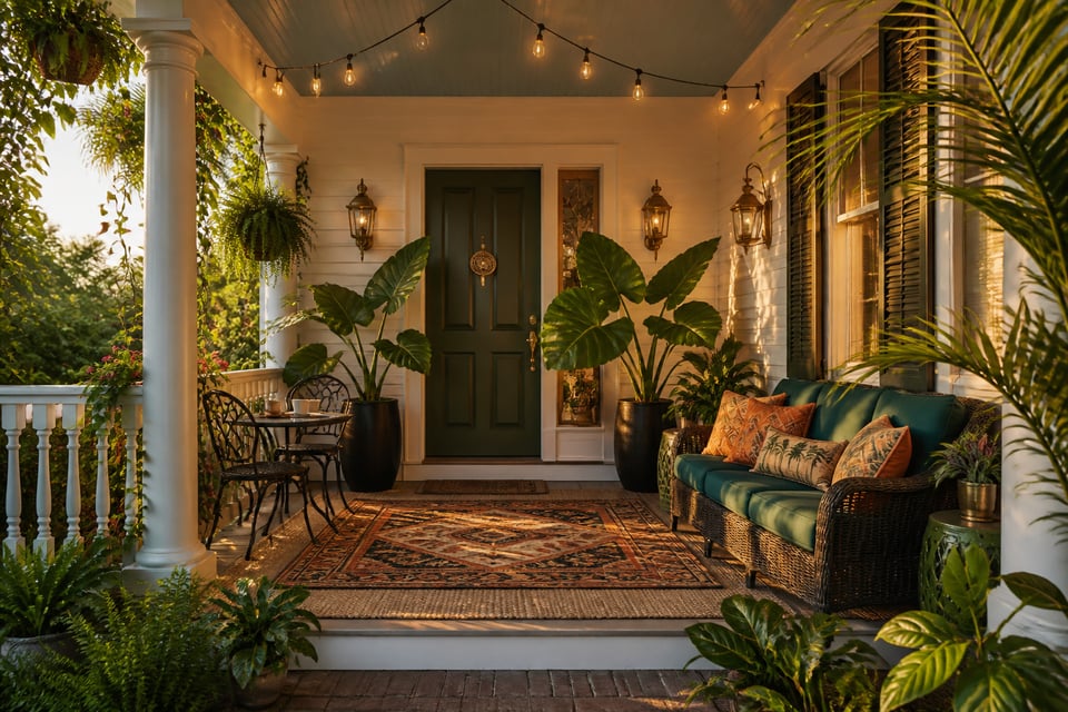A tropical maximalist front porch brings together every layer of the decorating formula — statement door, strategic lighting, lush container plants, and cohesive textiles — into a single welcoming entry.