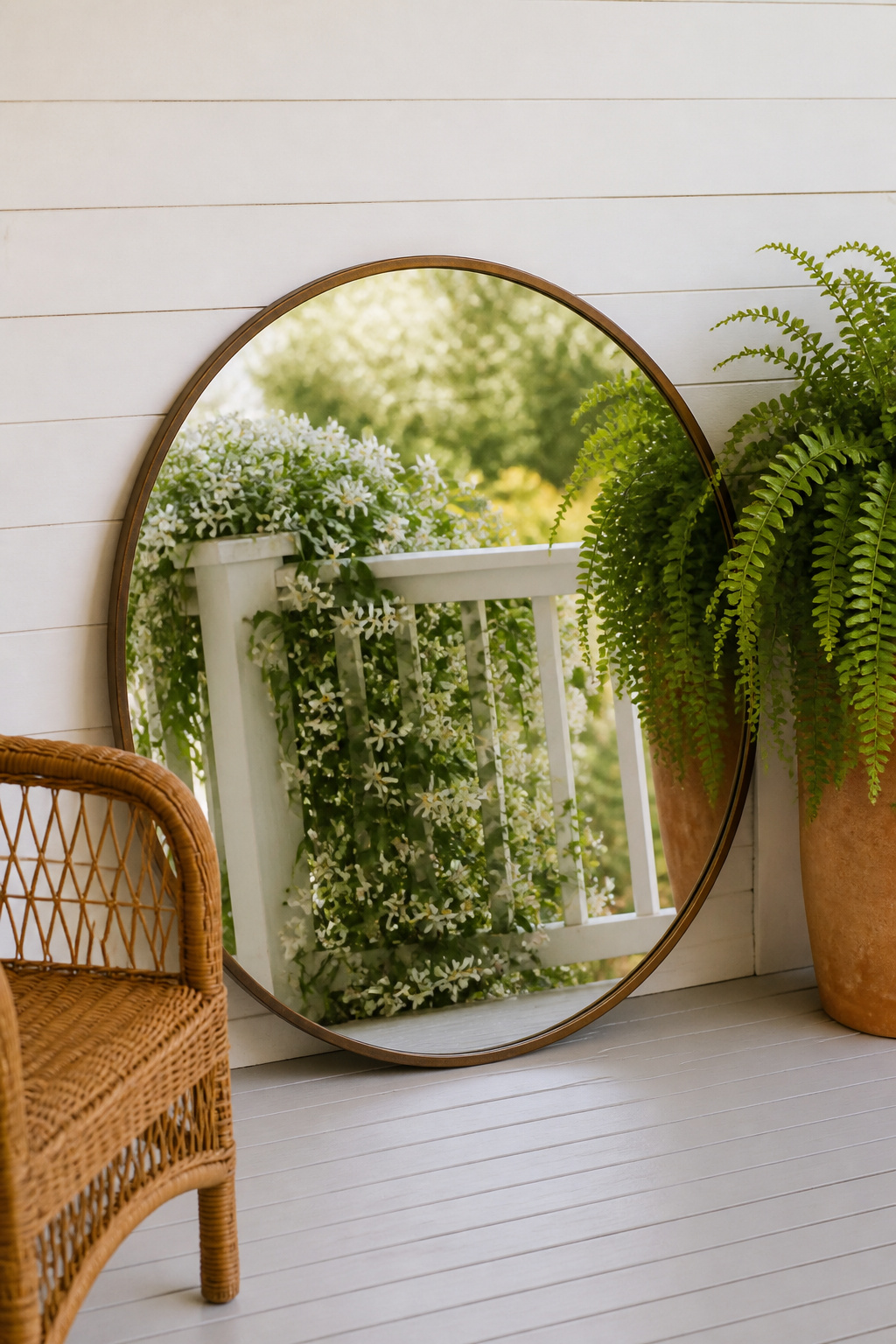 A round outdoor mirror leaned against the wall doubles the visual presence of the climbing jasmine behind it — the reflection adds a planted dimension the actual square footage doesn't have room for.