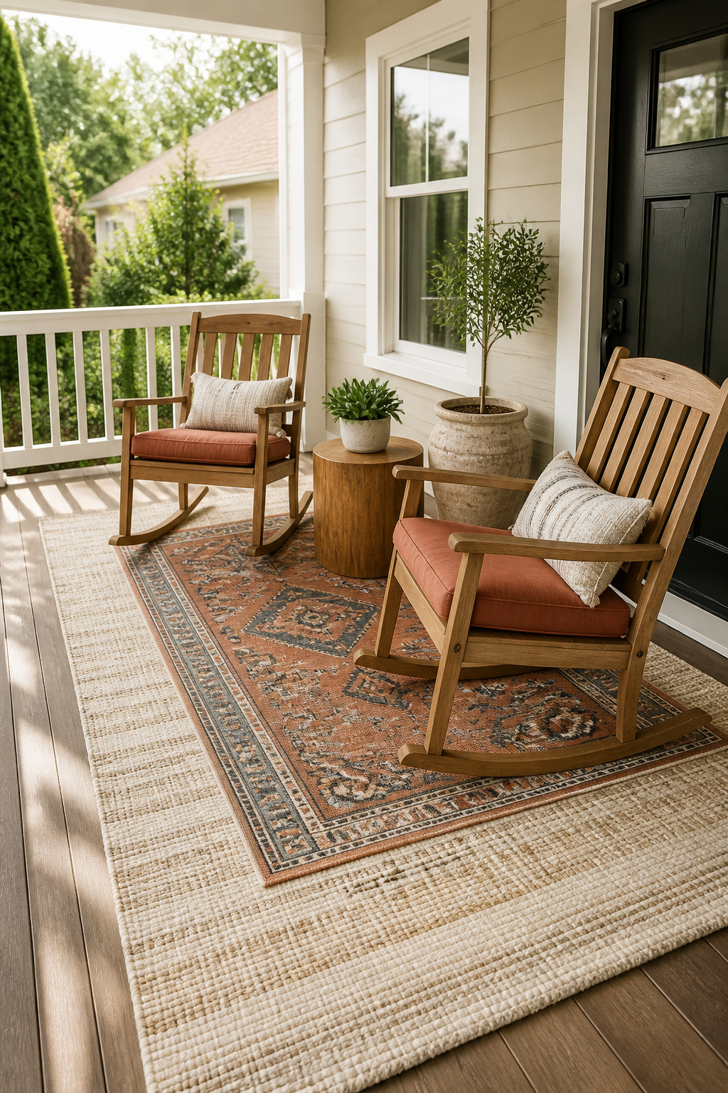 Layered outdoor rugs create depth and a defined living space — the geometric layer on top acts as the room's pattern anchor while the base rug grounds the furniture.