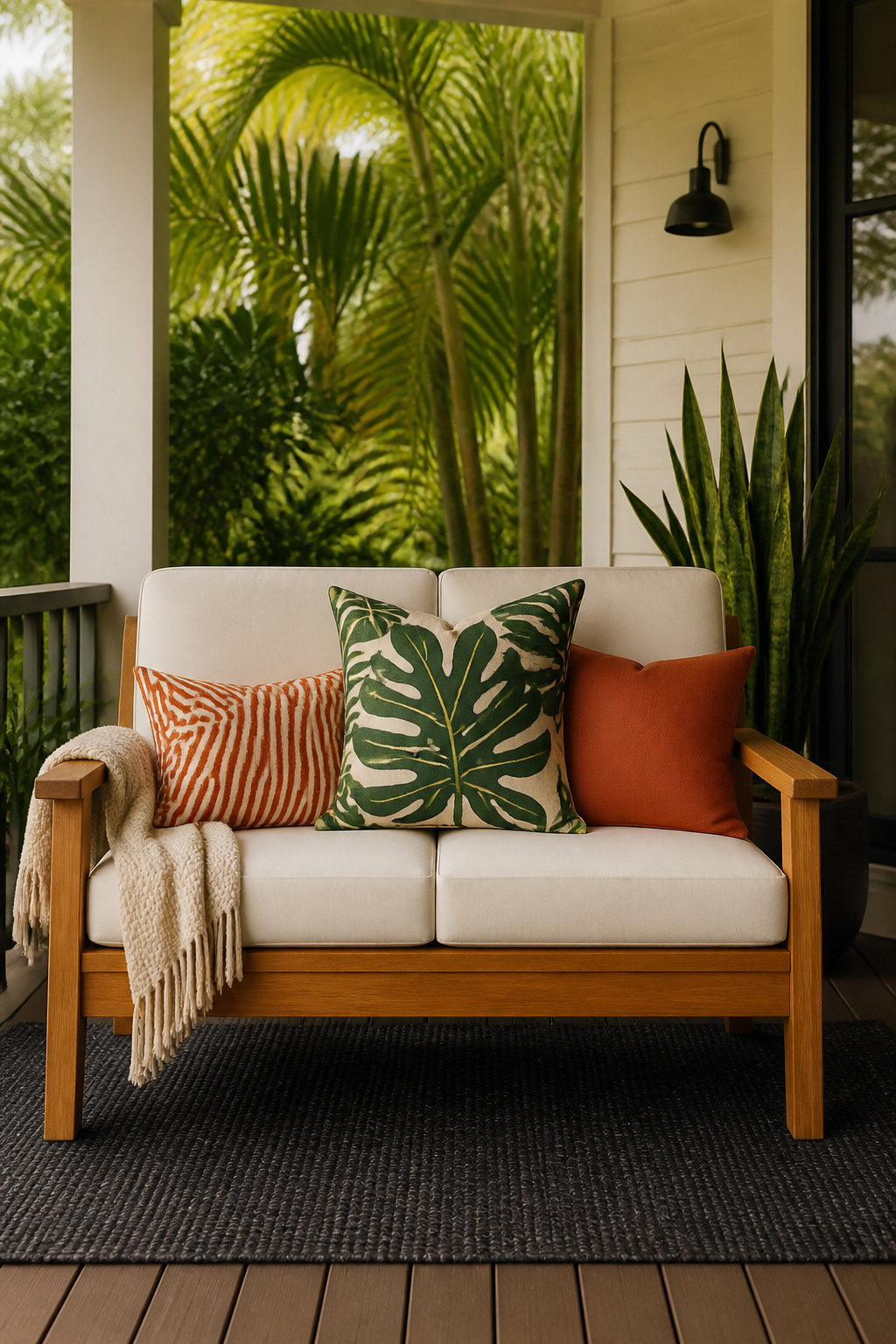 The large leaf print sets the palette, the solid echoes one color from it, and the geometric stripe bridges the two — pattern mixing at three scales in the same color family.