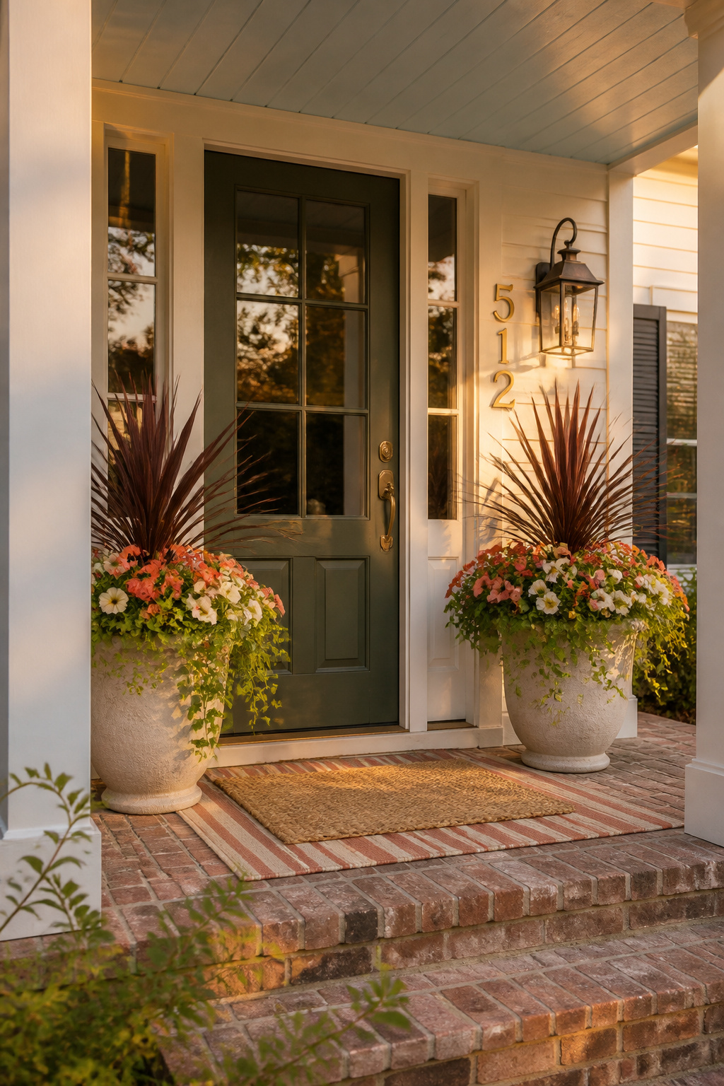 An olive green door with aged brass hardware and matching house numbers creates the intentional, sophisticated entry that sets the tone for the whole home.